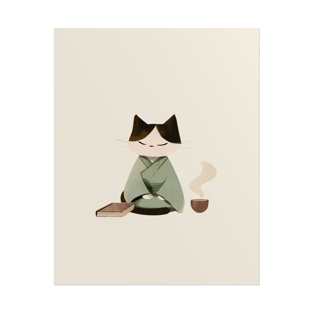 Zen Cat Tea Poster — Minimalist Rolled Art Print