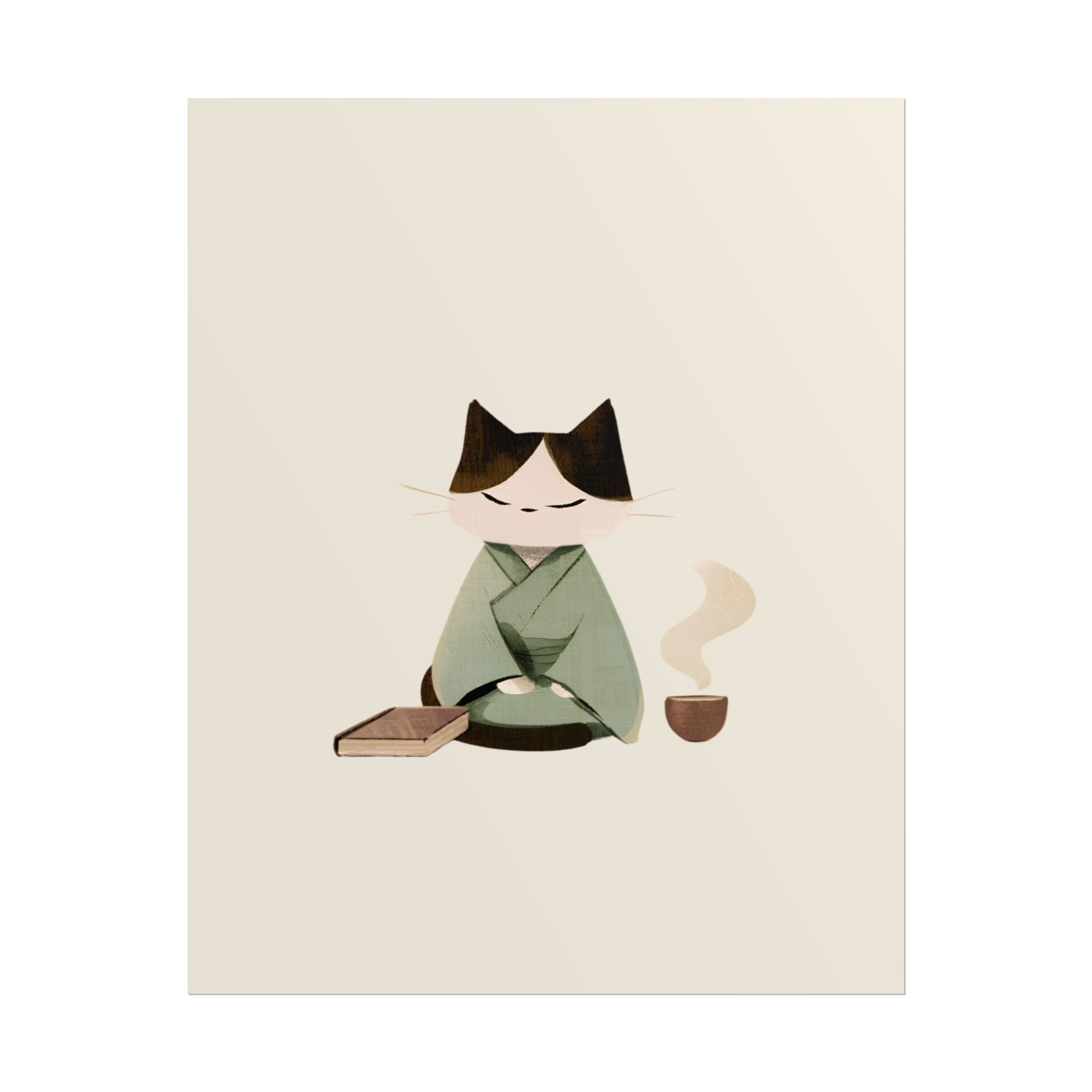 Zen Cat Tea Poster — Minimalist Rolled Art Print