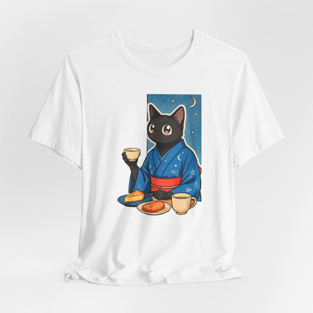 Midnight Tea Cat Shirt - Japanese Kimono Black Cat Tee | Cozy Night Aesthetic