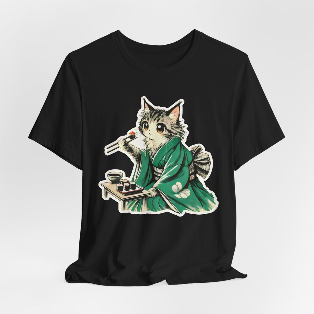 Kat Wearing Kimono Eating Sushi T-Shirt | Cute Japanese Cat Illustration