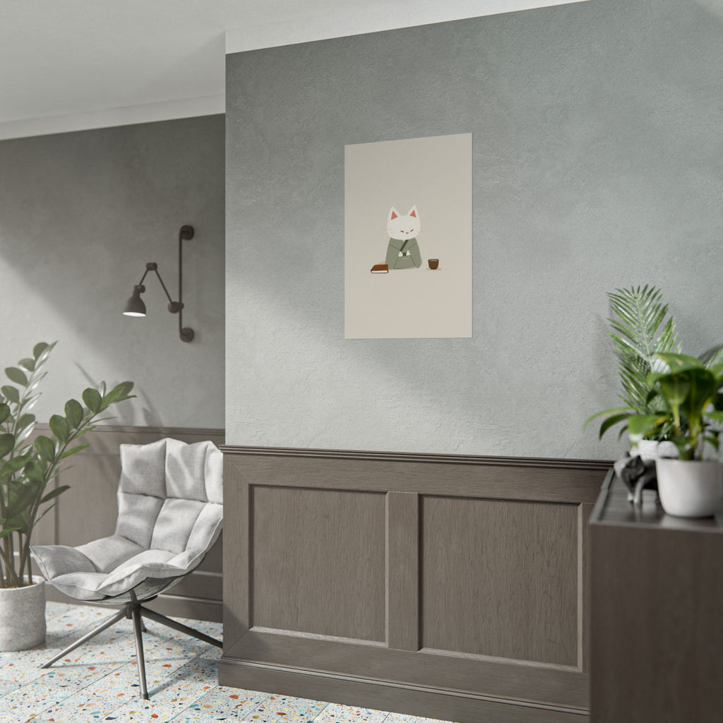 Zen Cat Poster – Minimalist Japanese Tea & Book Wall Art
