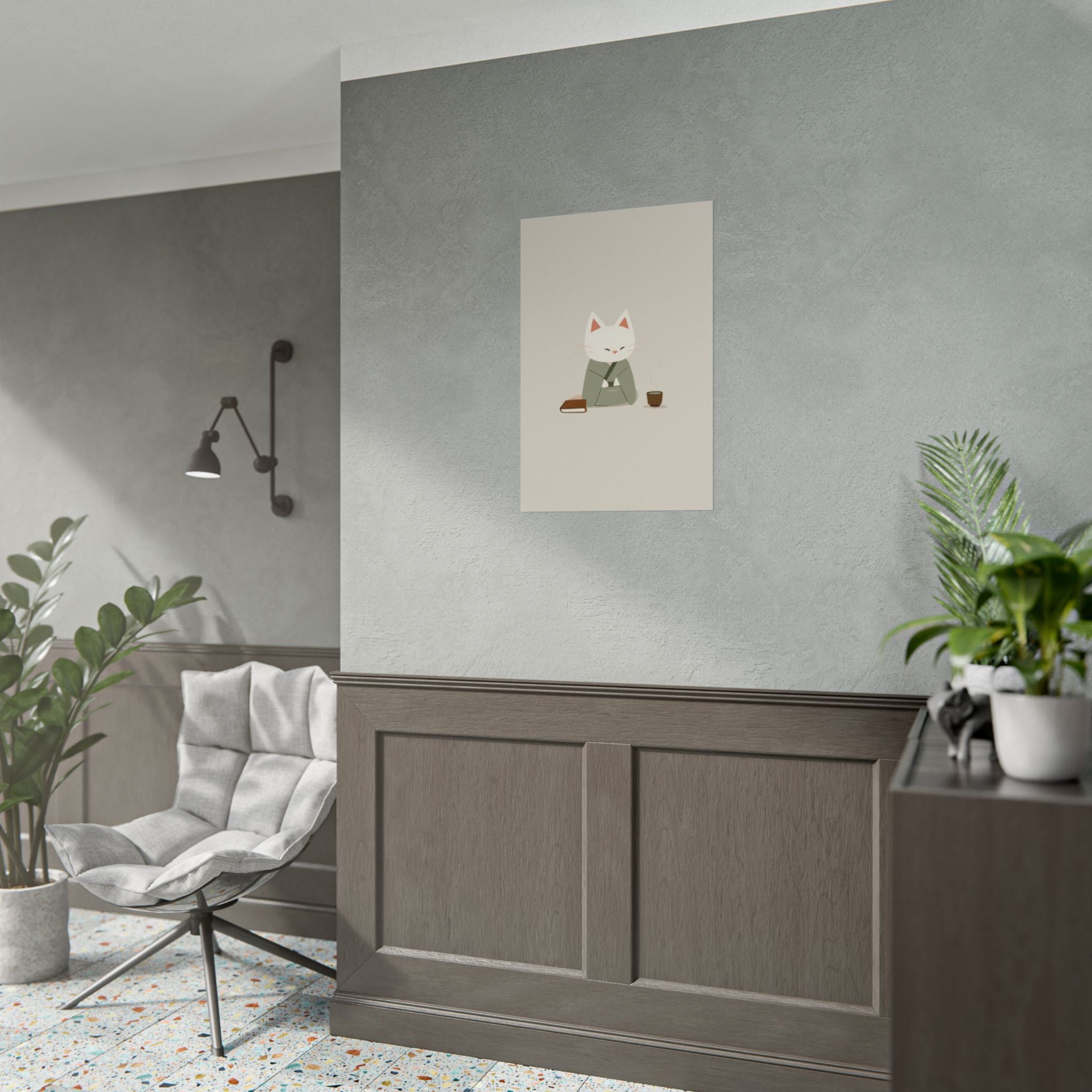 Zen Cat Poster – Minimalist Japanese Tea & Book Wall Art