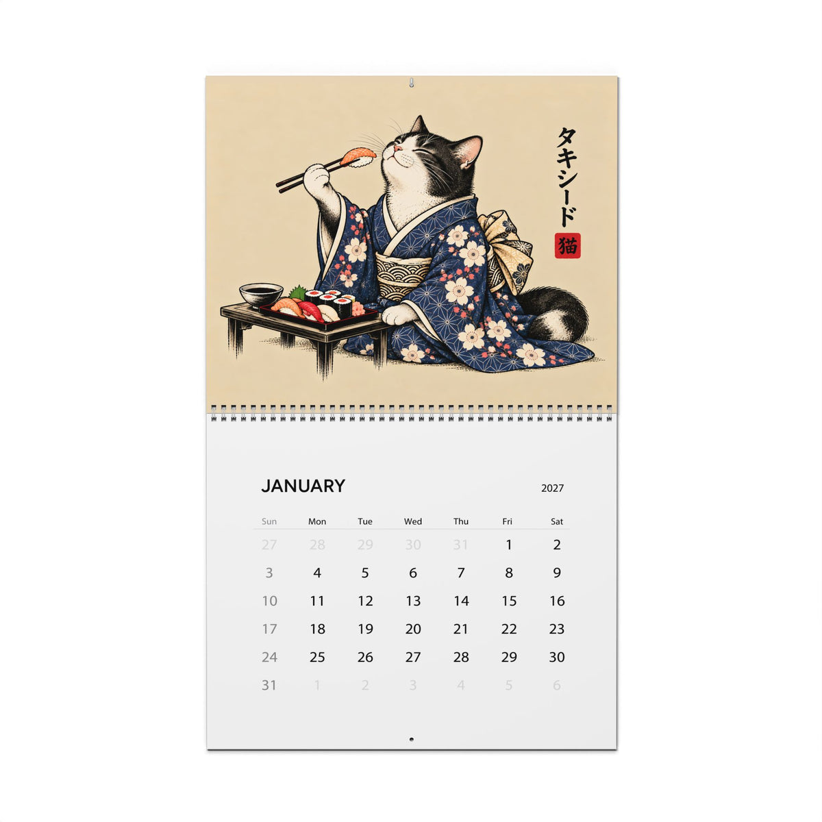 Japanese Cat Sushi Art Wall Calendar 2027