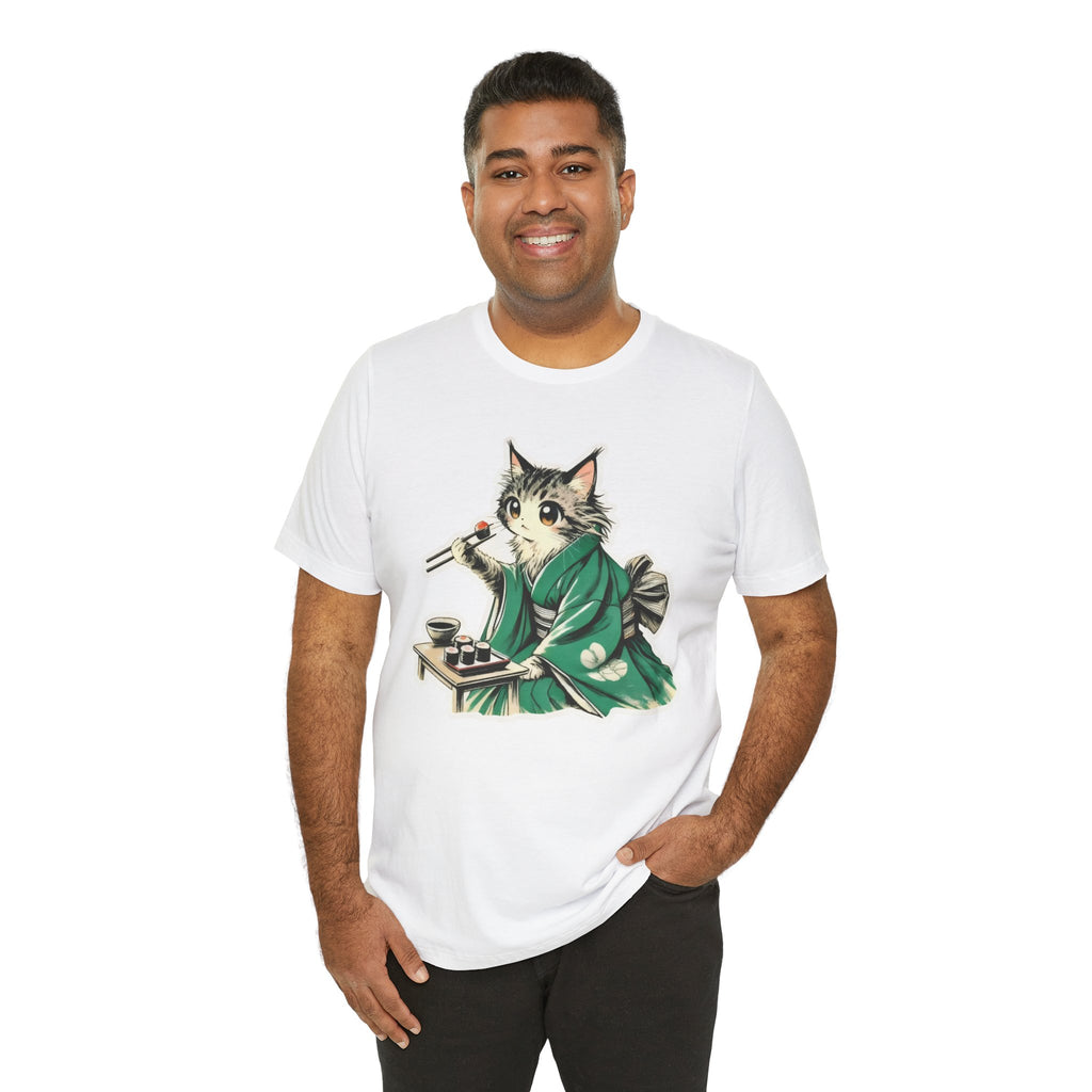 Kat Wearing Kimono T-Shirt - Cute Japanese Cat Illustration Enjoying Sushi - Kimono Cats Collection
