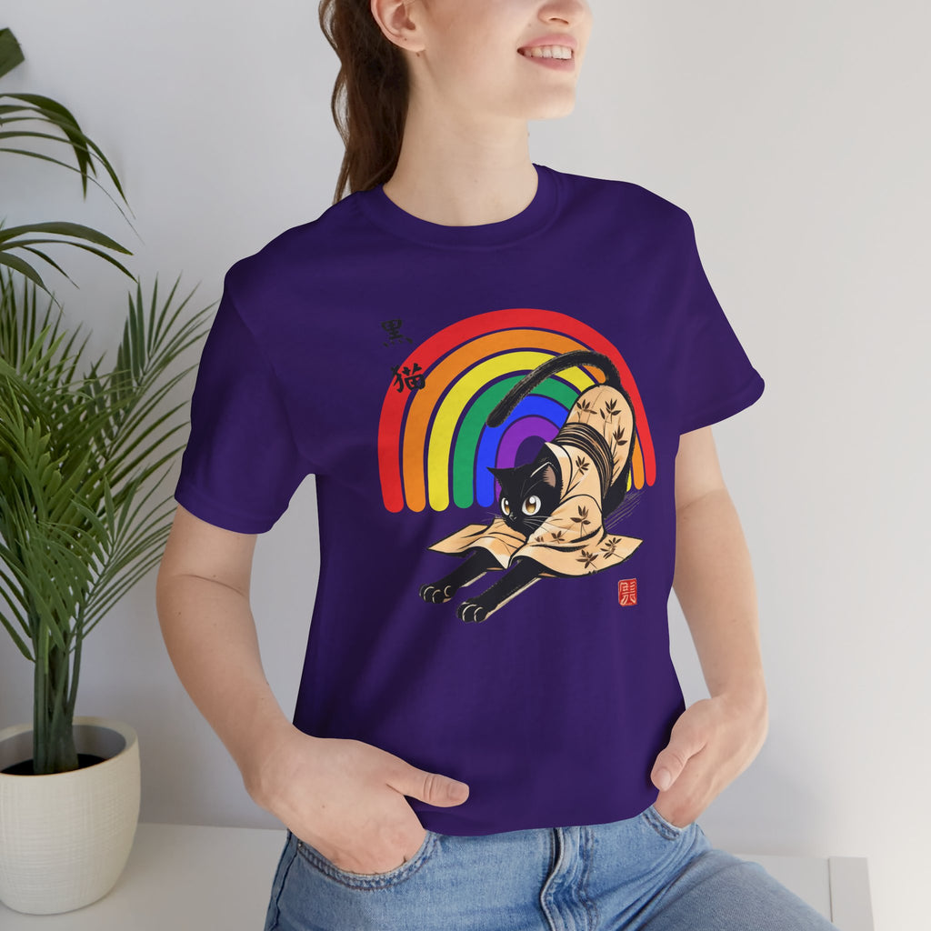 Rainbow Kuro Neko T-Shirt | Yoga Cat Shirt in Black Cat Kimono Design - Kimono Cats Collection