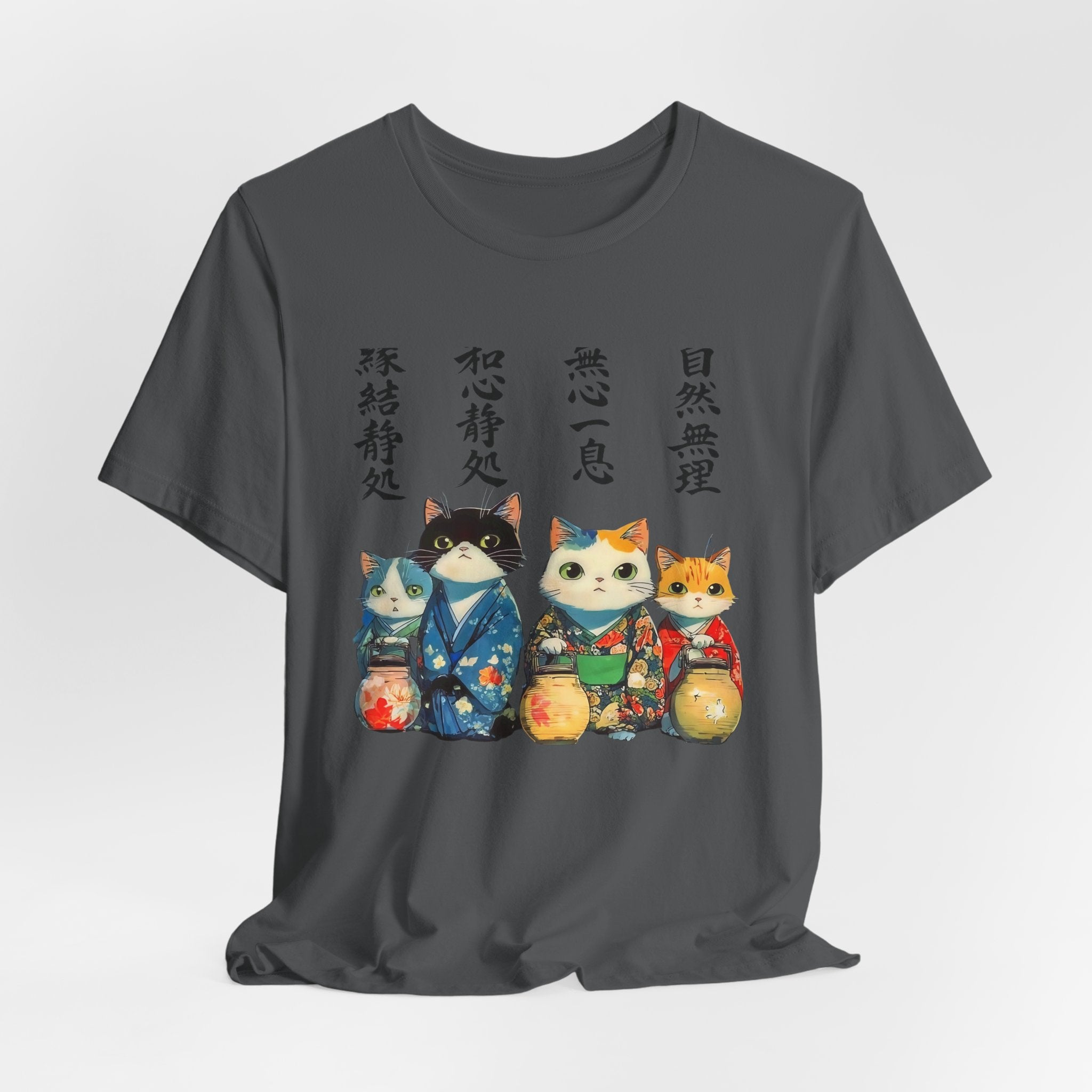Zen Cats in Kimono Short Sleeve Tee | Japanese Lanterns, Watercolor Calligraphy