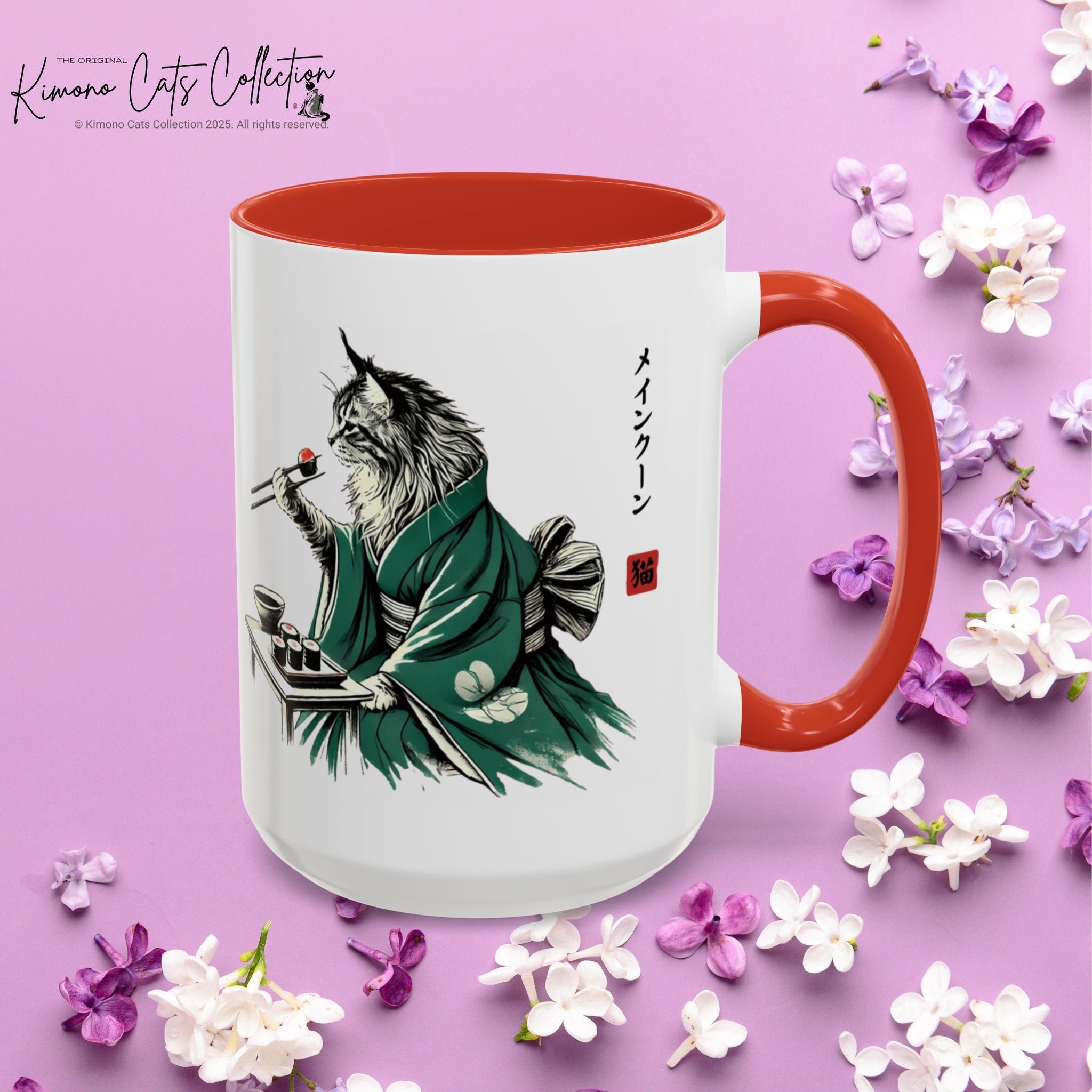 Kimono Cat Coffee Mug, Maine Coon Eating Sushi