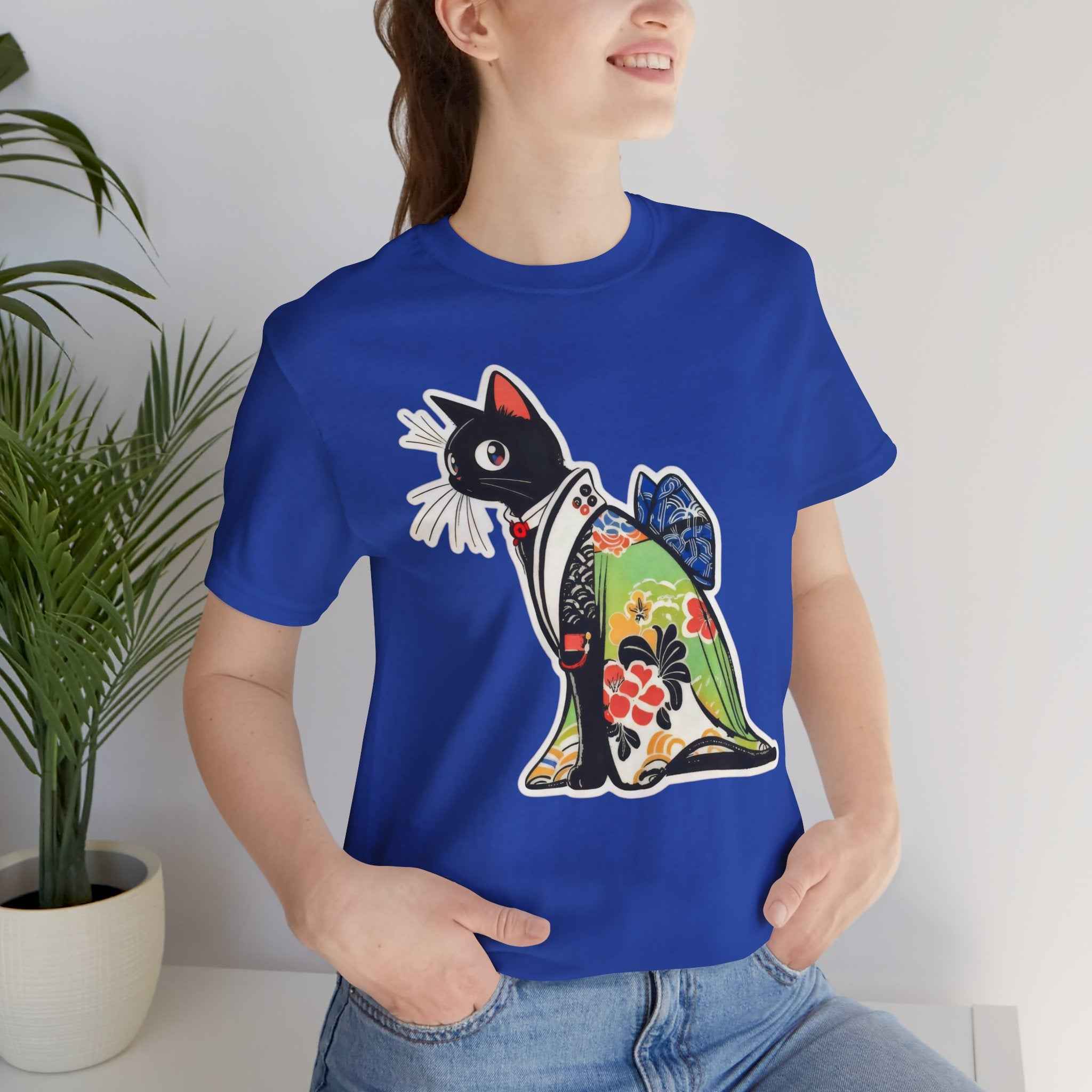 Cat Kimono T‑Shirt — Japanese Floral Black Cat Graphic Tee