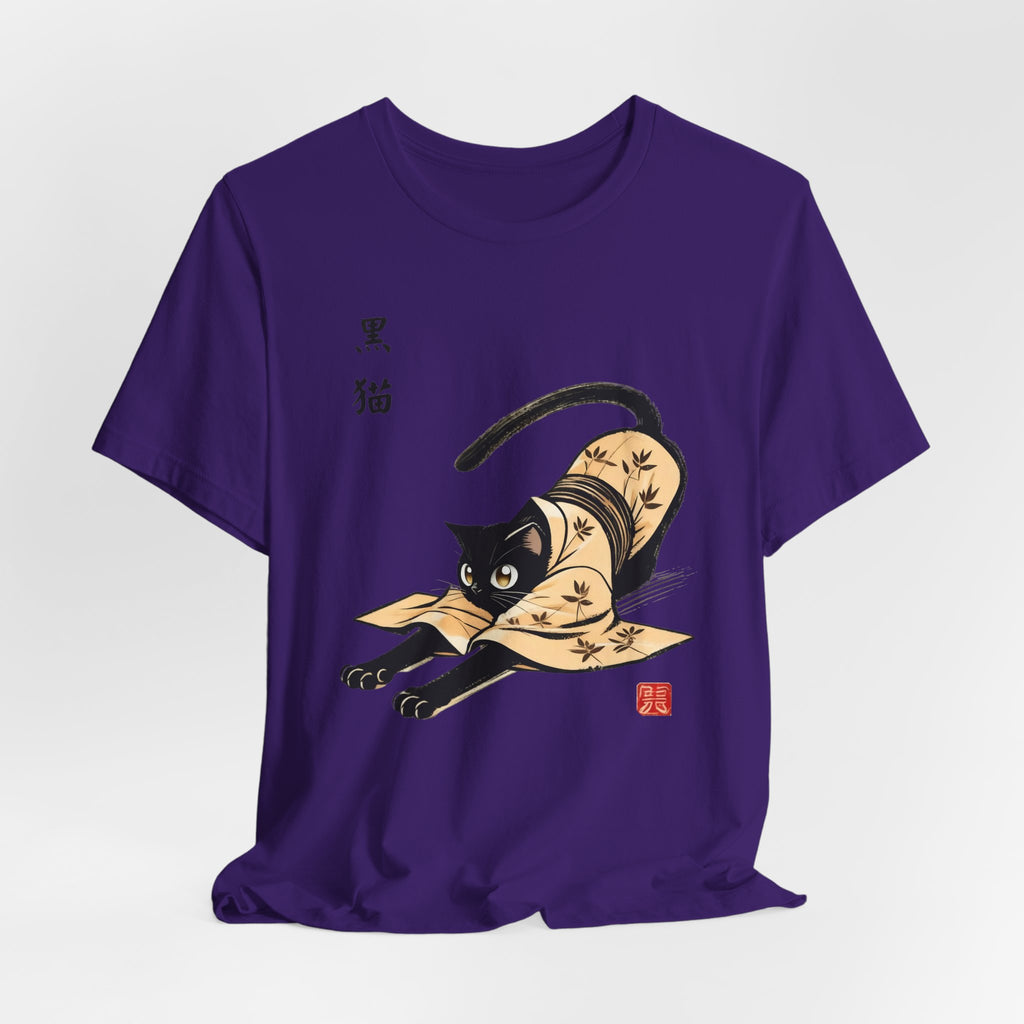 Yoga Black Cat Tee - Japan Kuro Neko in Kimono Design for Kundalini Yoga Enthusiasts - Kimono Cats Collection