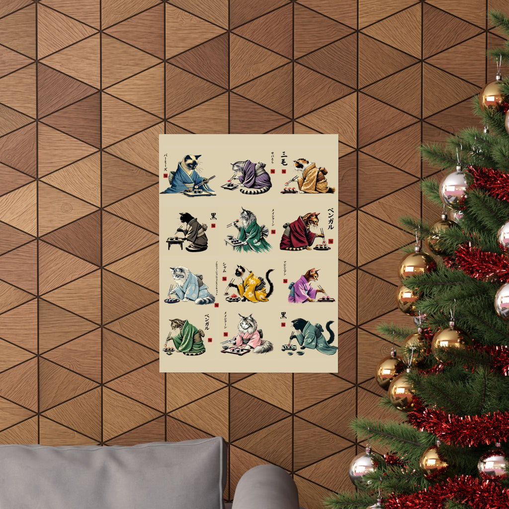 Sushi Cats Zen Poster, Minimalist Sumi-e Wall Art