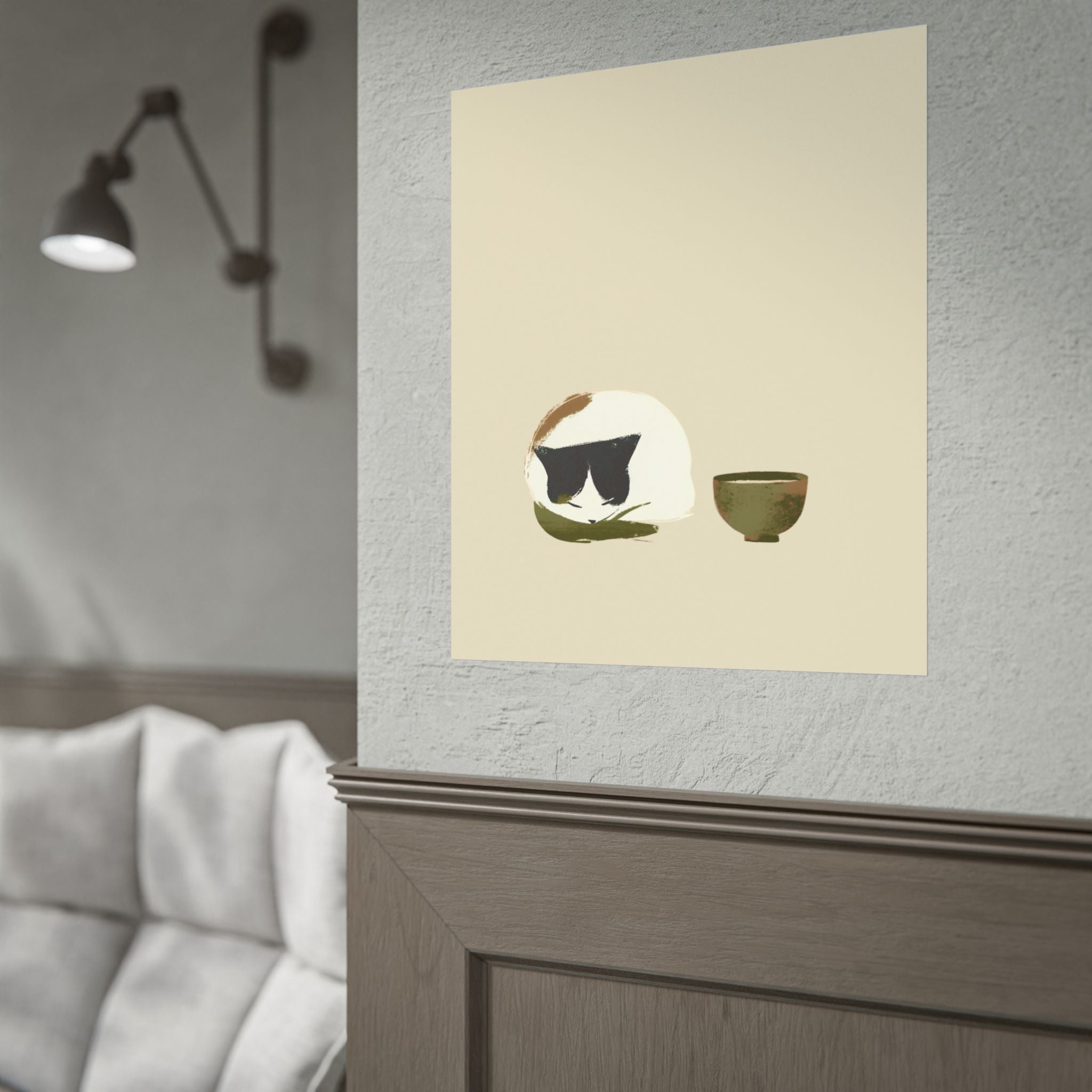 Minimal Cat and Tea Poster — Cute Calico Cat with Tea Cup Wall Art
