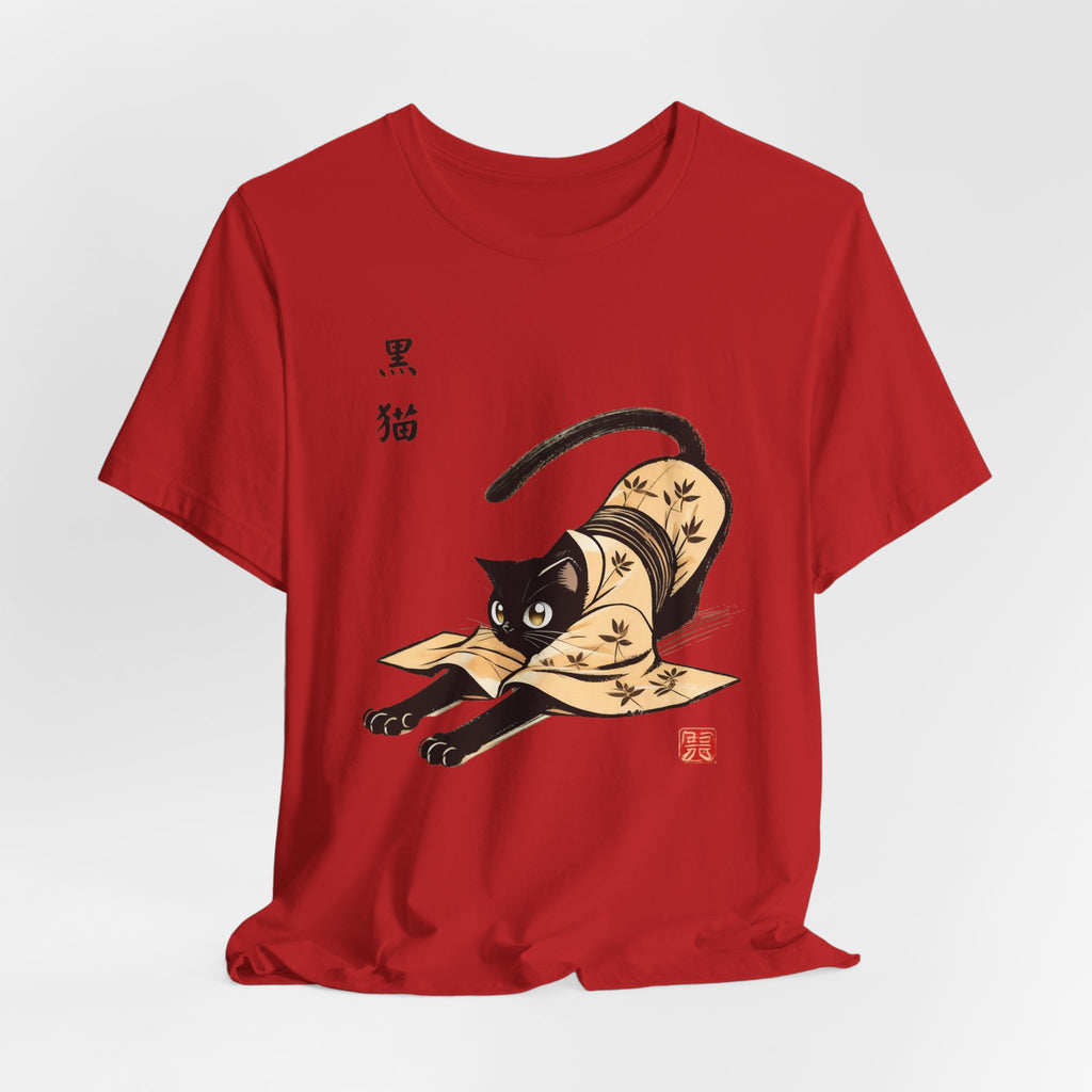 Yoga Black Cat Tee - Japan Kuro Neko in Kimono Design for Kundalini Yoga Enthusiasts - Kimono Cats Collection