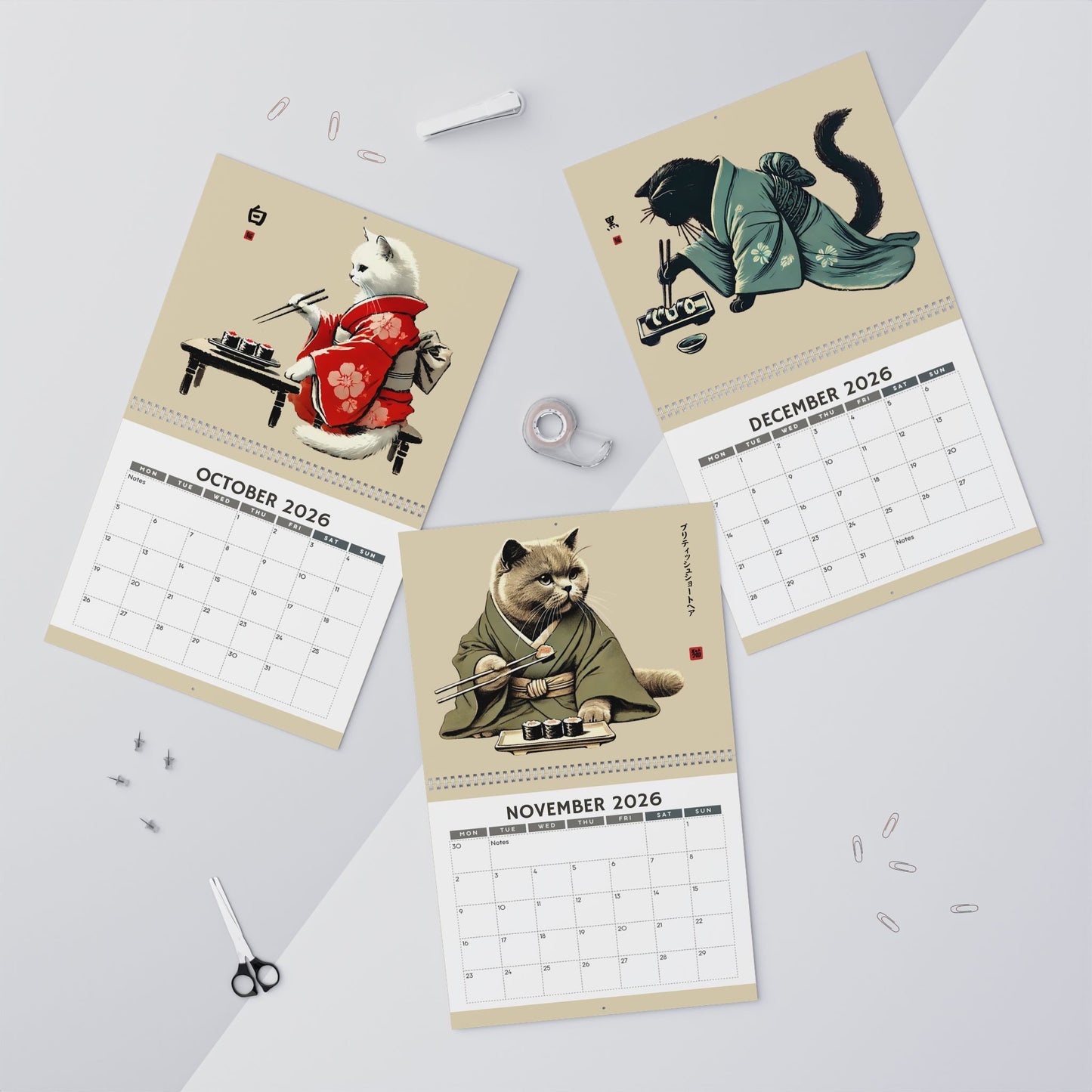 2026 Cats in Kimonos Eating Sushi Calendar - Japan Cat Sumi-e Art, Ukiyo-e Inspired, Vibrant Monthly Wall Decor