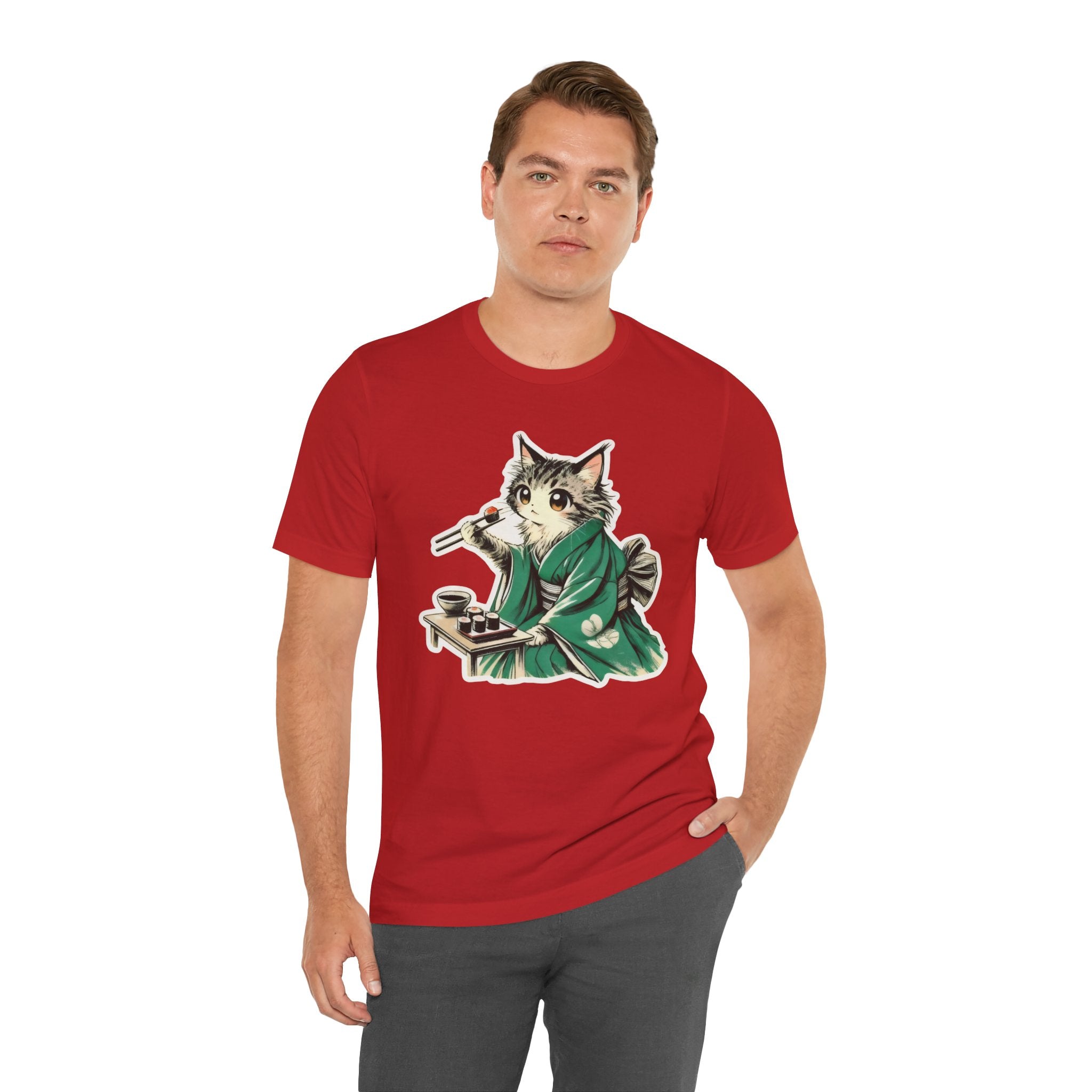 Kat Wearing Kimono Eating Sushi T-Shirt | Cute Japanese Cat Illustration