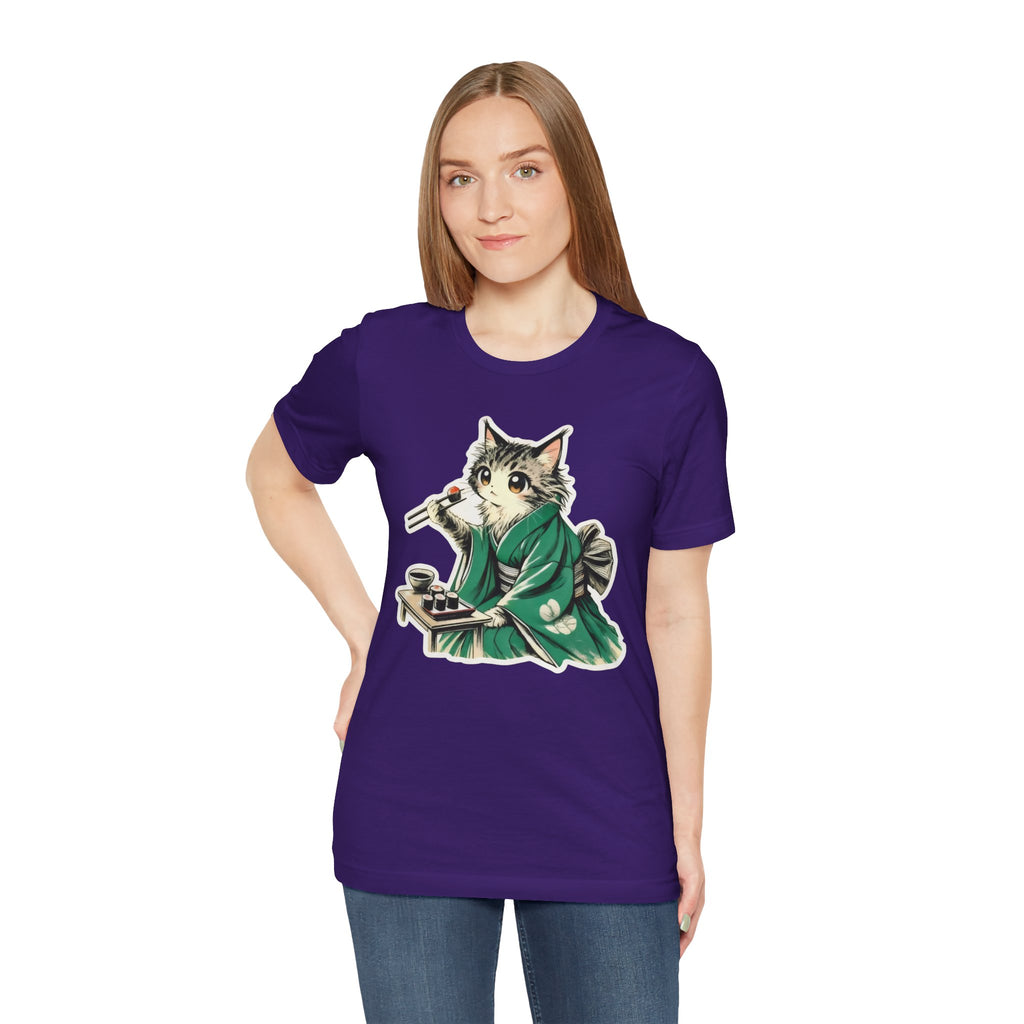 Kat Wearing Kimono Eating Sushi T-Shirt | Cute Japanese Cat Illustration