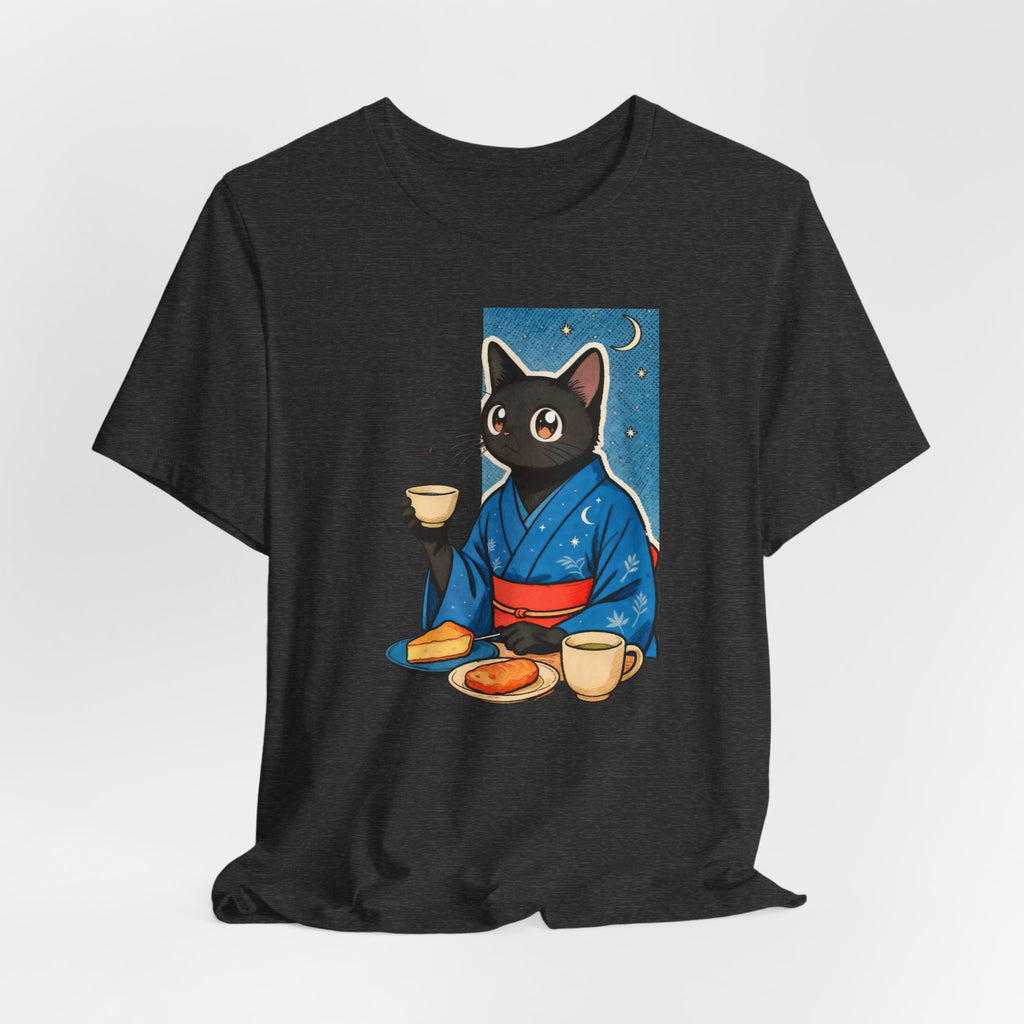 Midnight Tea Cat Shirt - Japanese Kimono Black Cat Tee | Cozy Night Aesthetic