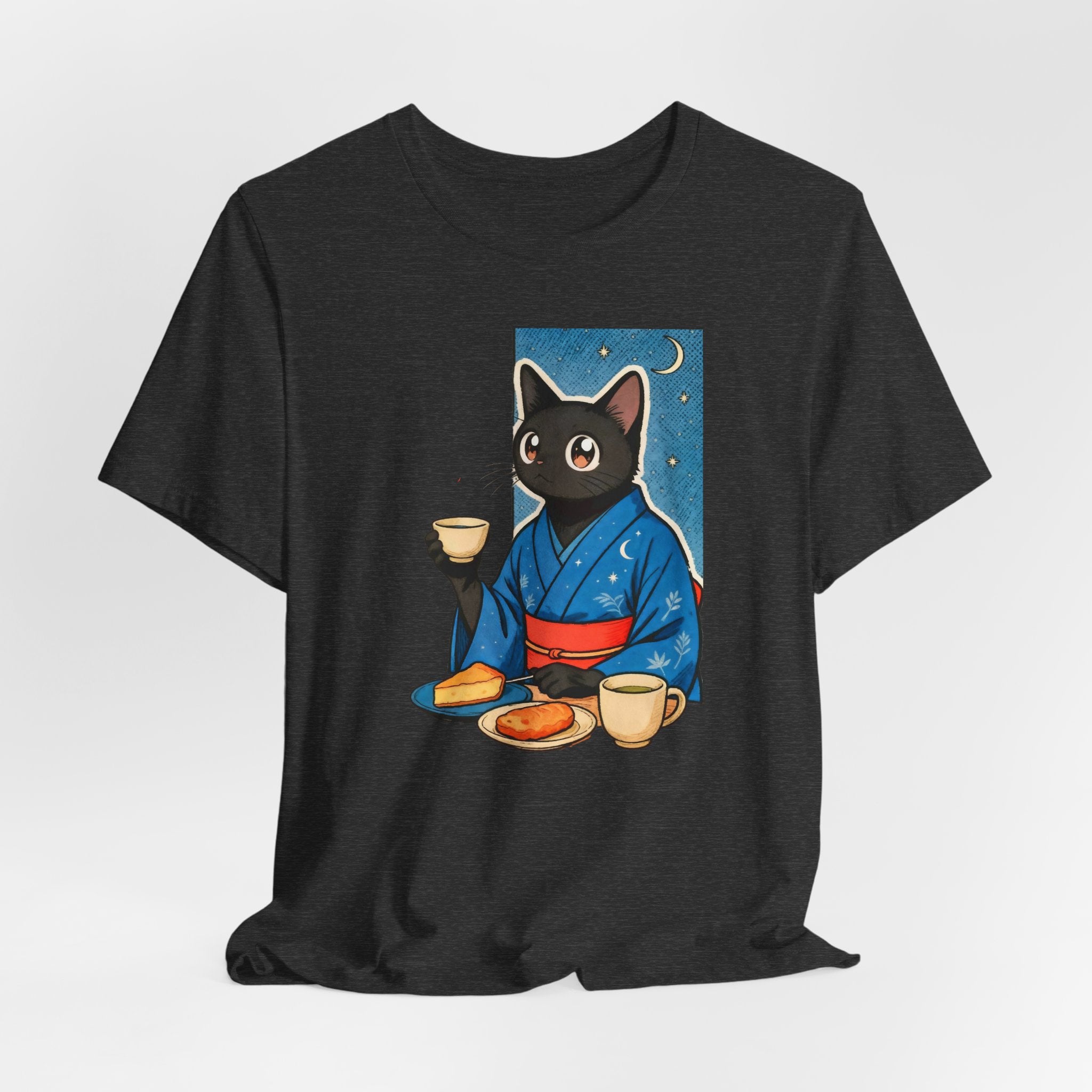 Midnight Tea Cat Shirt - Japanese Kimono Black Cat Tee | Cozy Night Aesthetic