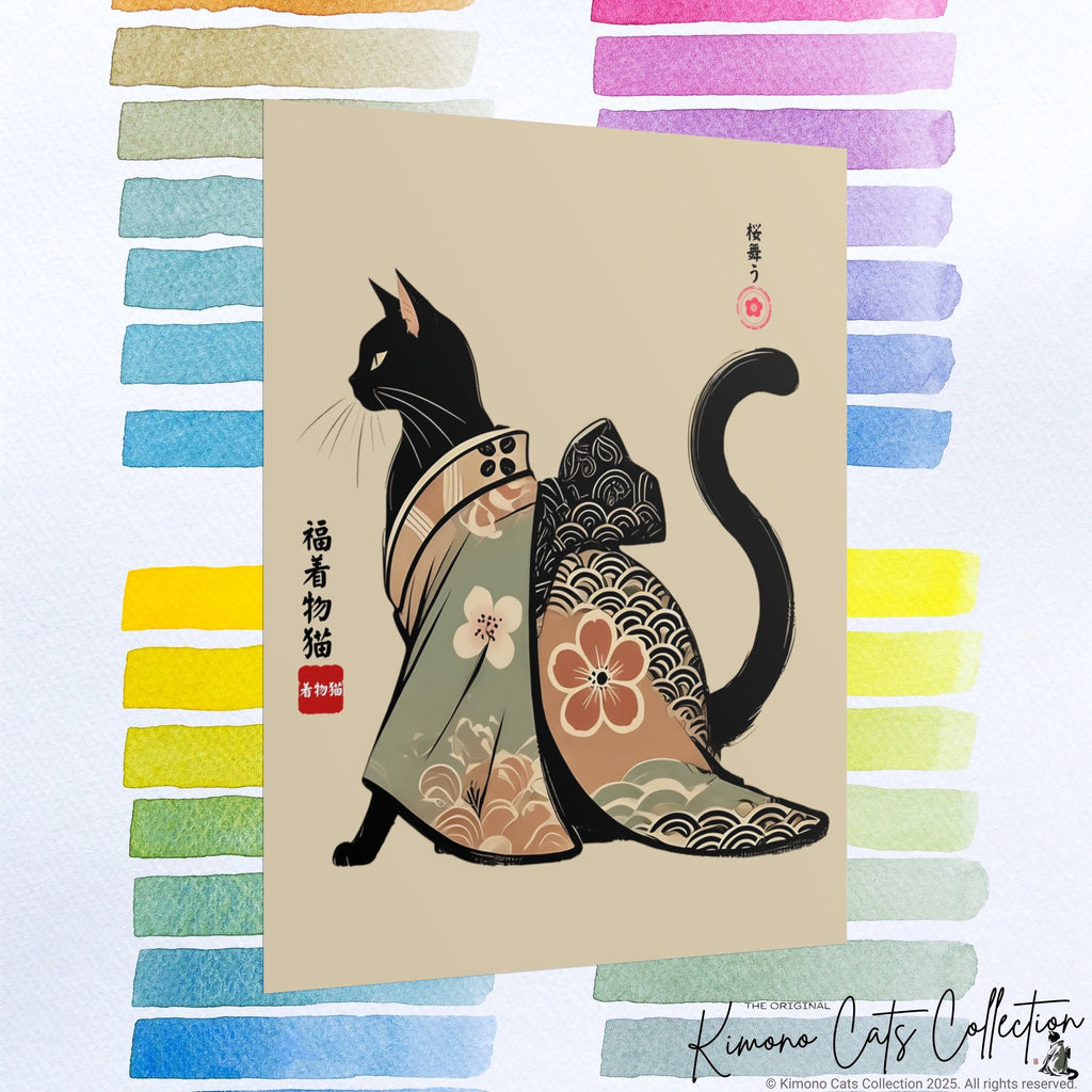 Lucky Kimono Cat Wall Art – 福着物猫 | Japanese Sumi-e Print