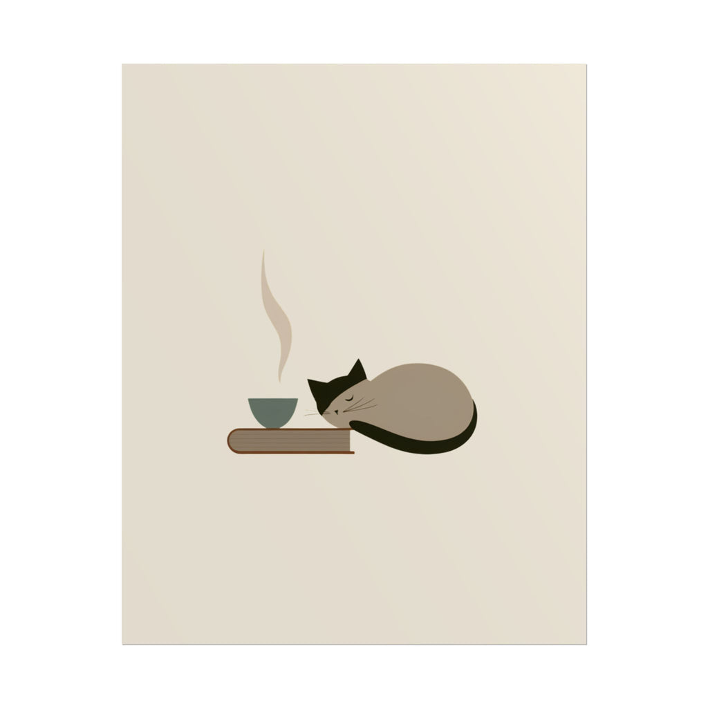 Minimalist Cat Nap Poster – Cozy Tea & Book Wall Art