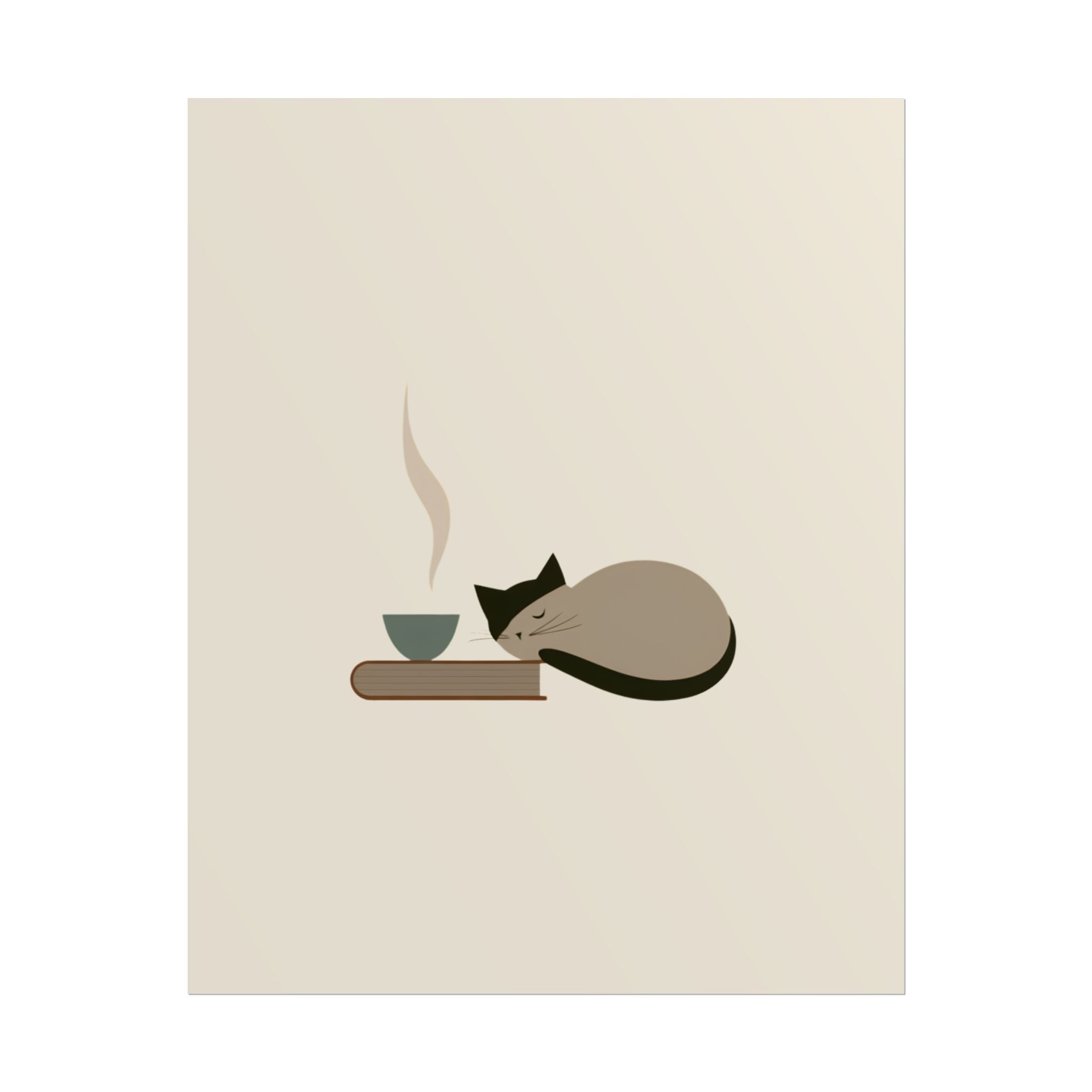Minimalist Cat Nap Poster – Cozy Tea & Book Wall Art