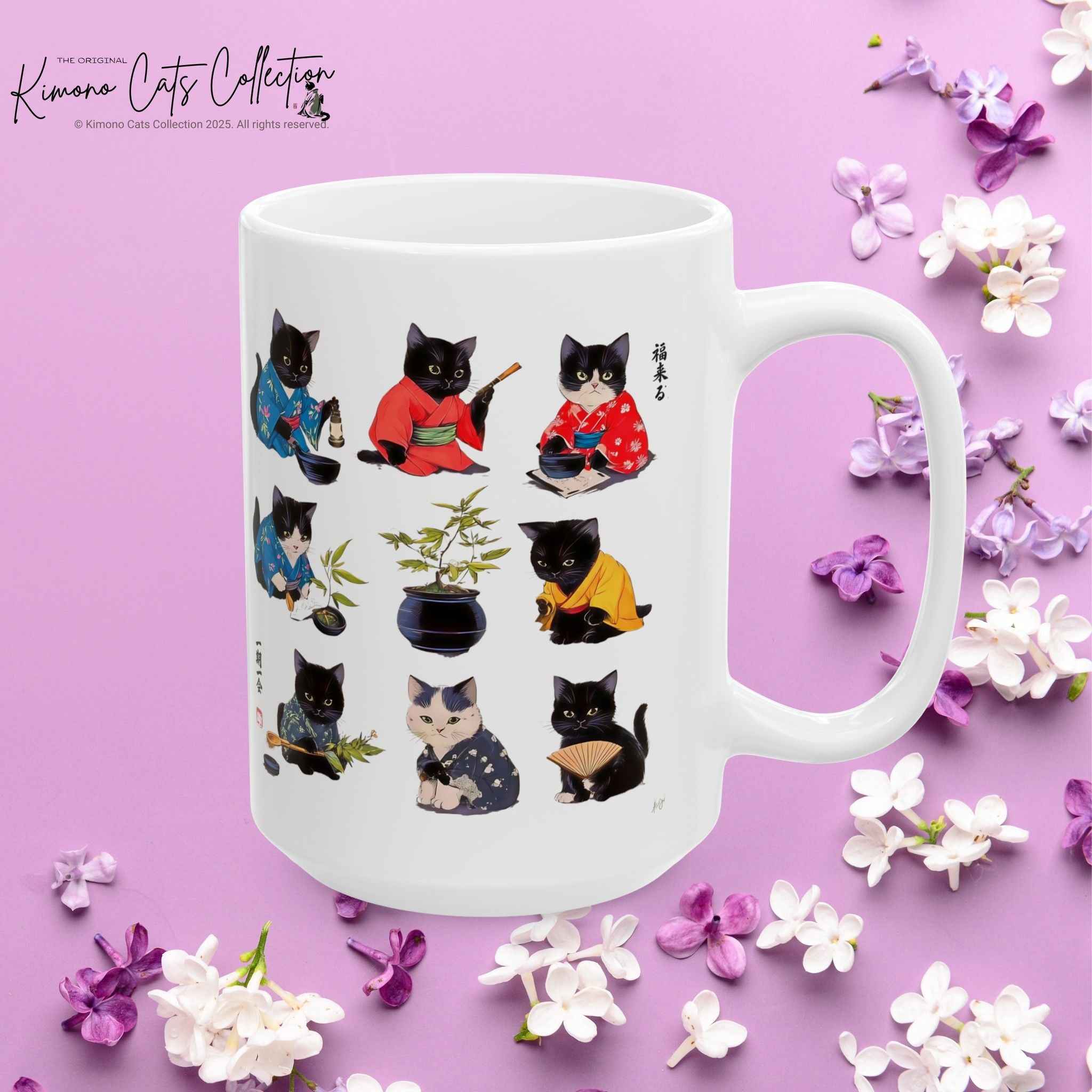 Hobby Cats in Kimonos Mug - Cute Cat Lover's Gift Featuring Adorable Feline Art