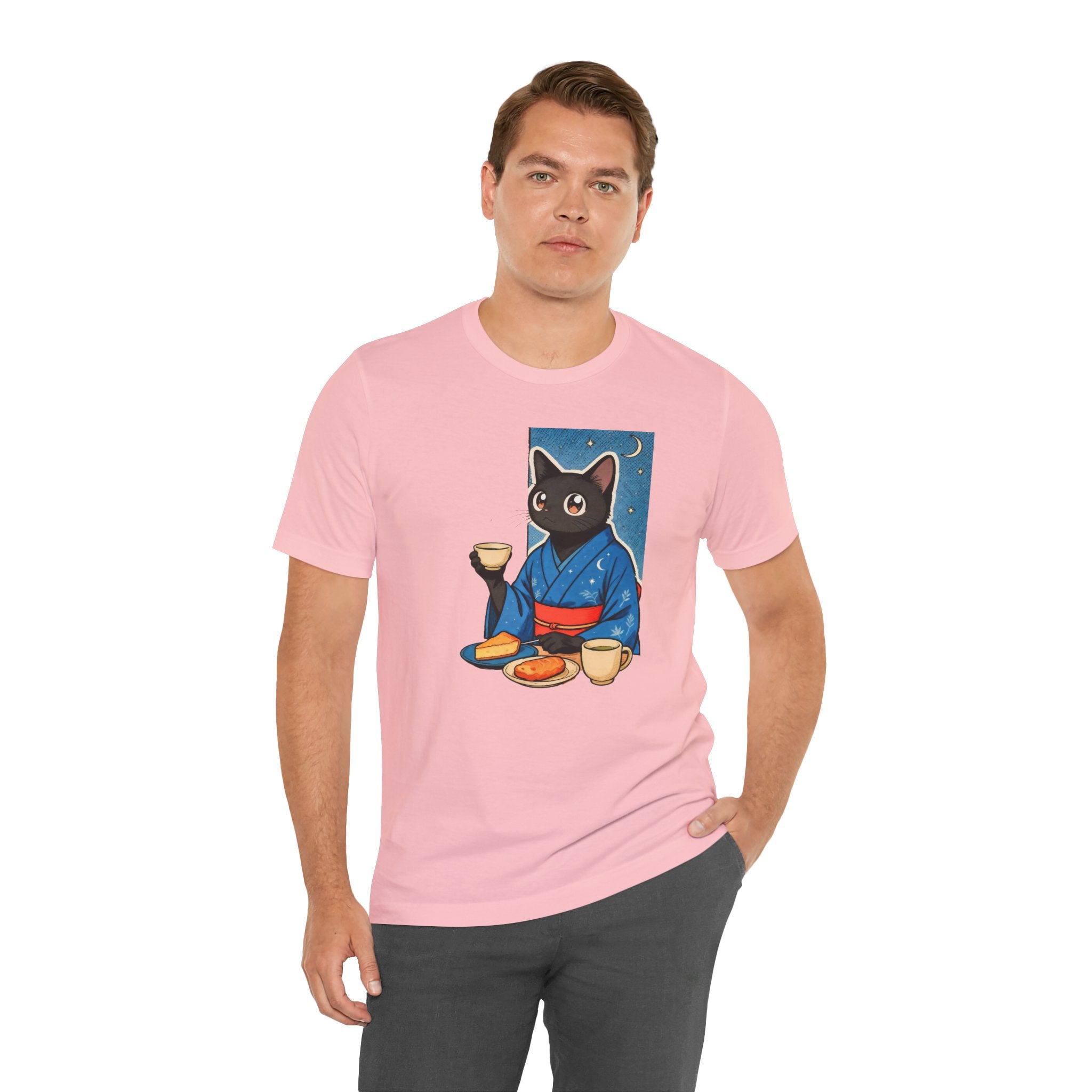 Midnight Tea Cat Shirt - Japanese Kimono Black Cat Tee | Cozy Night Aesthetic