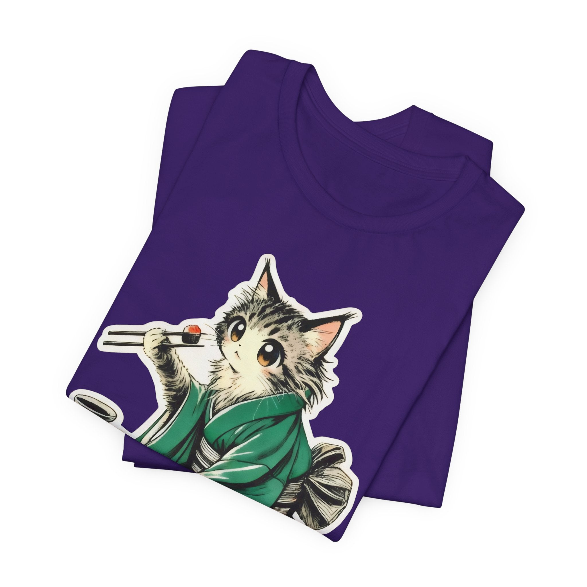 Kat Wearing Kimono Eating Sushi T-Shirt | Cute Japanese Cat Illustration
