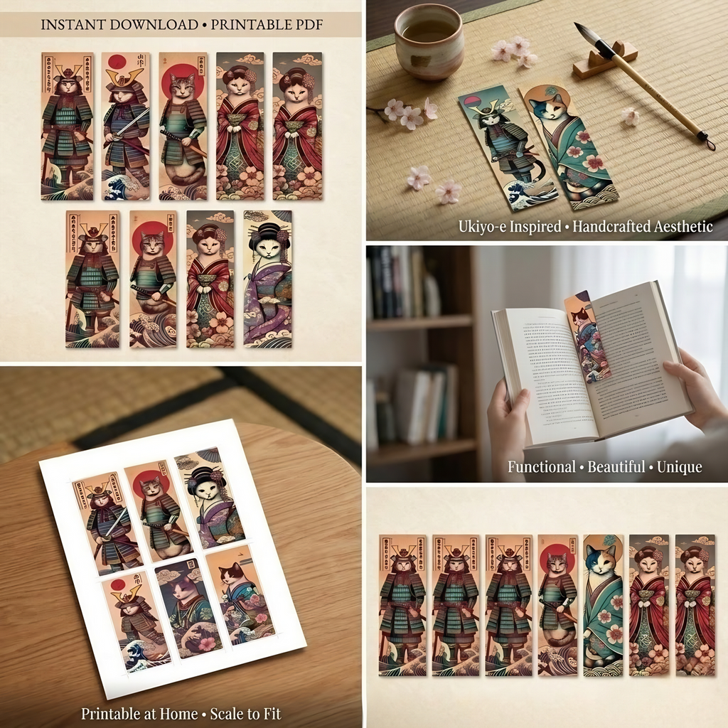 21 Kimono Cats Bookmarks: Japanese Ukiyoe Art (Printable)