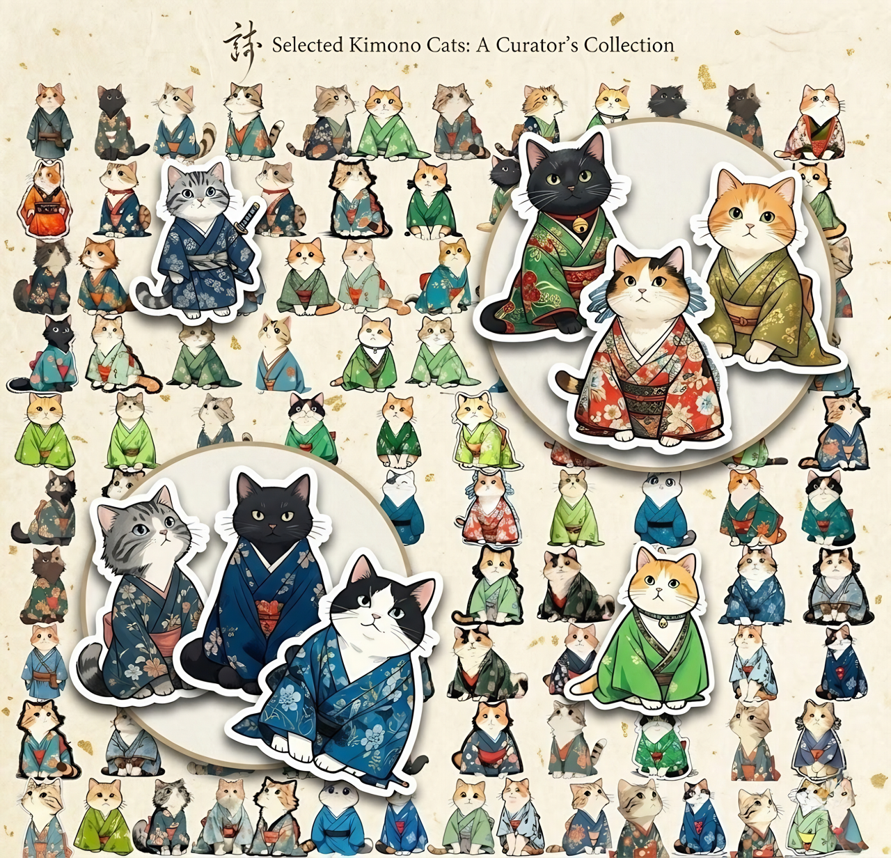 100+ Bundle - Contemplation Cats in Kimonos, Digital Sticker Pack