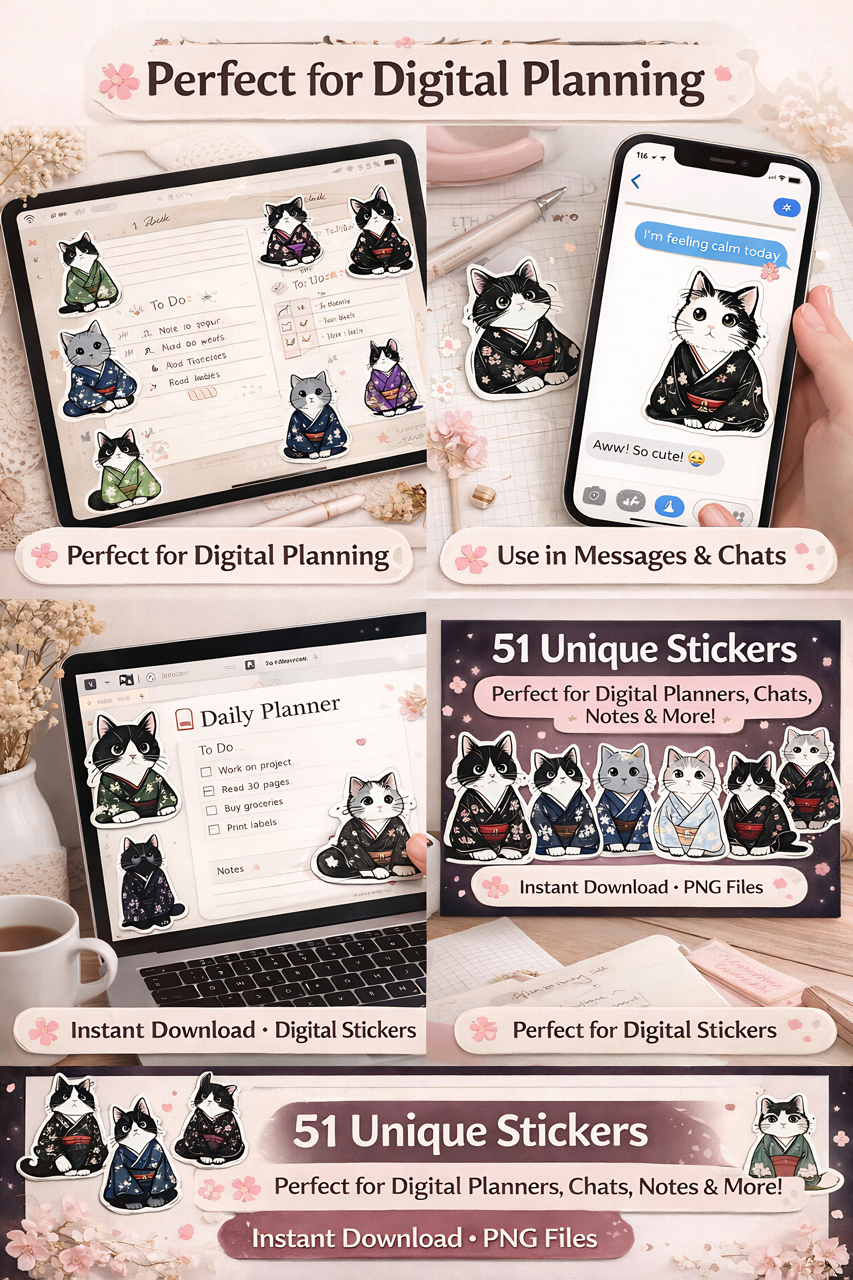 51 Quiet Cats in Kimonos – Digital Sticker Bundle (+ Bonus!)