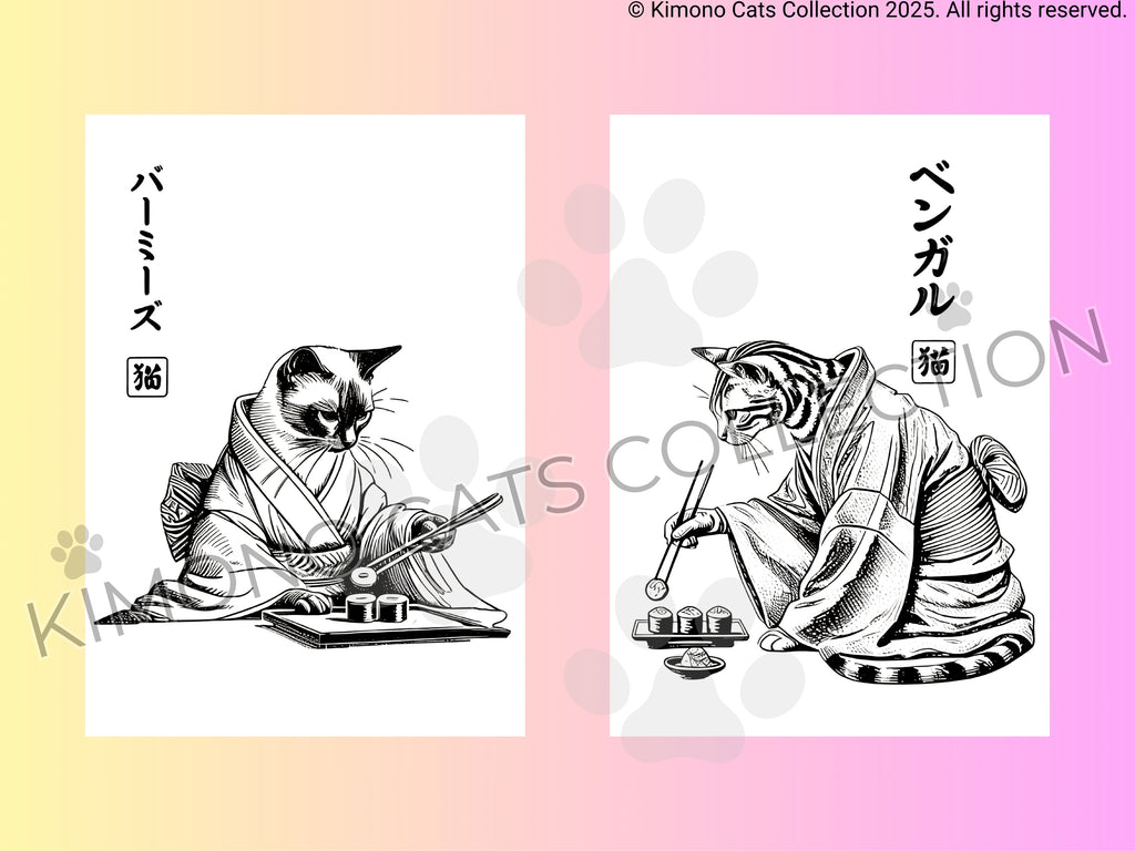 Two illustrations of cats in kimono on a gradient background with 'Kimono Cats Collection' branding.