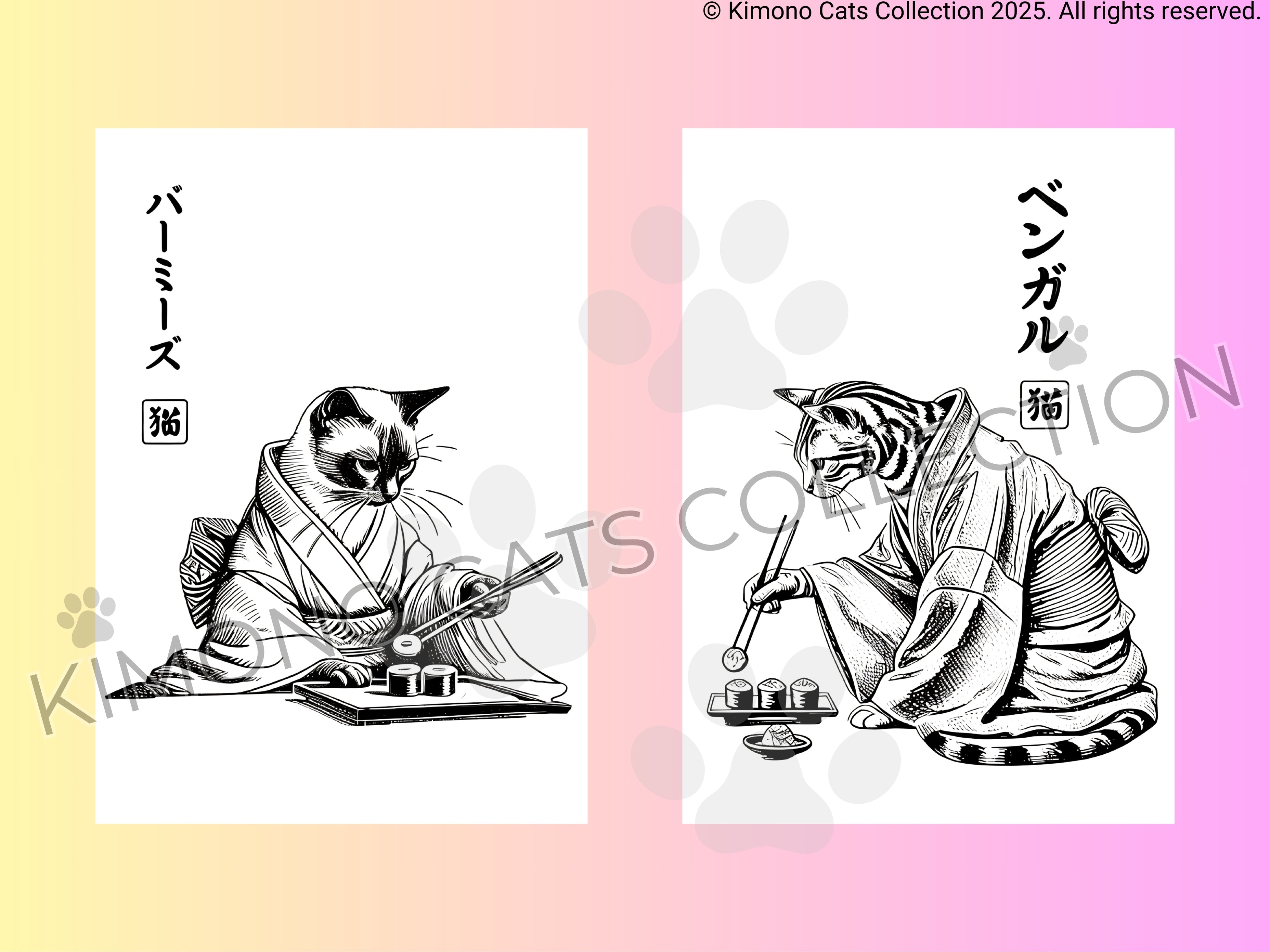 Two illustrations of cats in kimono on a gradient background with 'Kimono Cats Collection' branding.