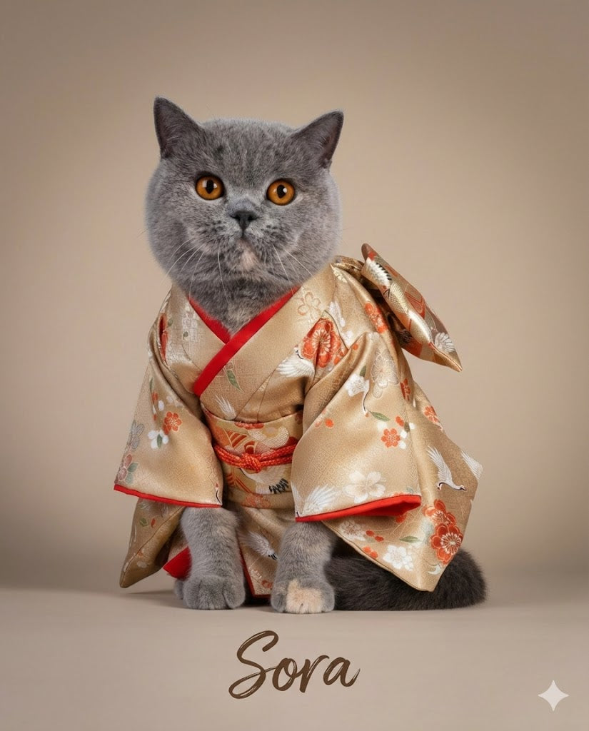 Cat wearing a kimono with a beige background