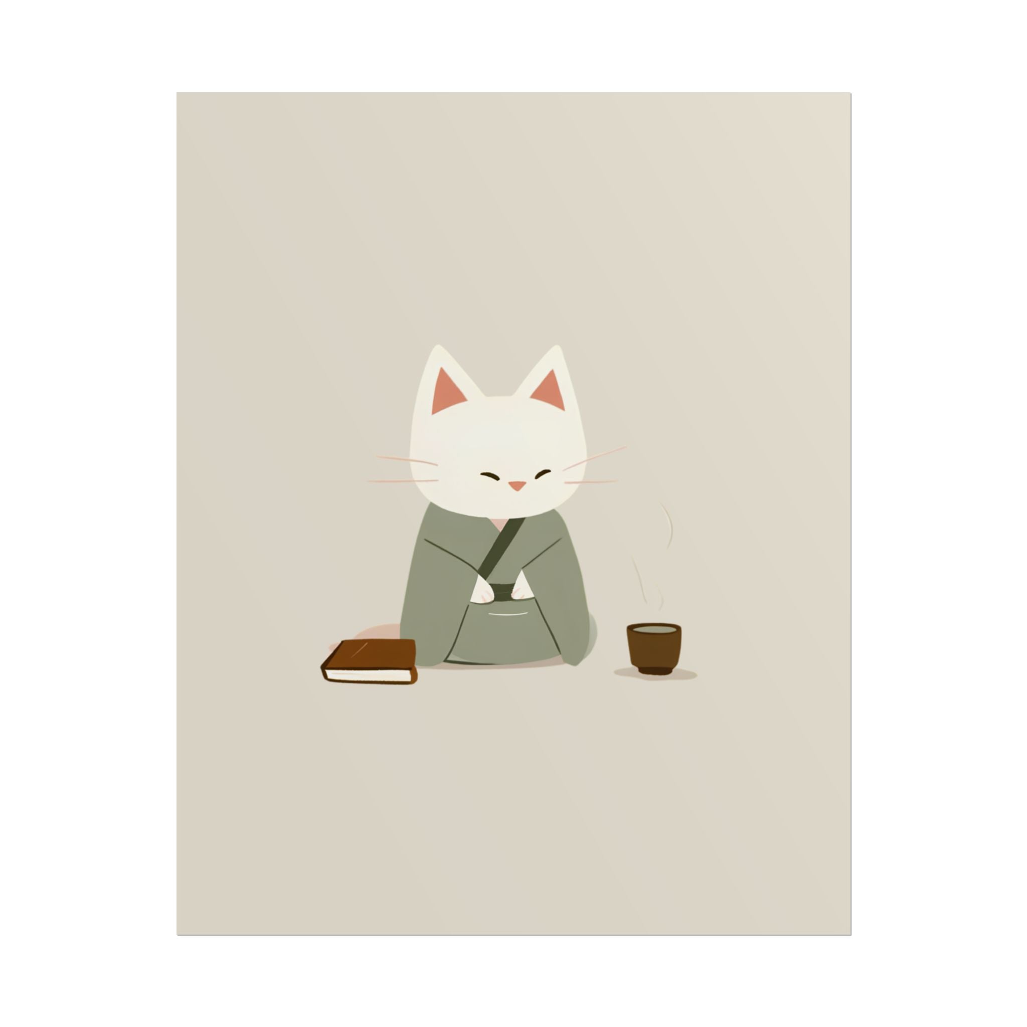 Zen Cat Poster – Minimalist Japanese Tea & Book Wall Art