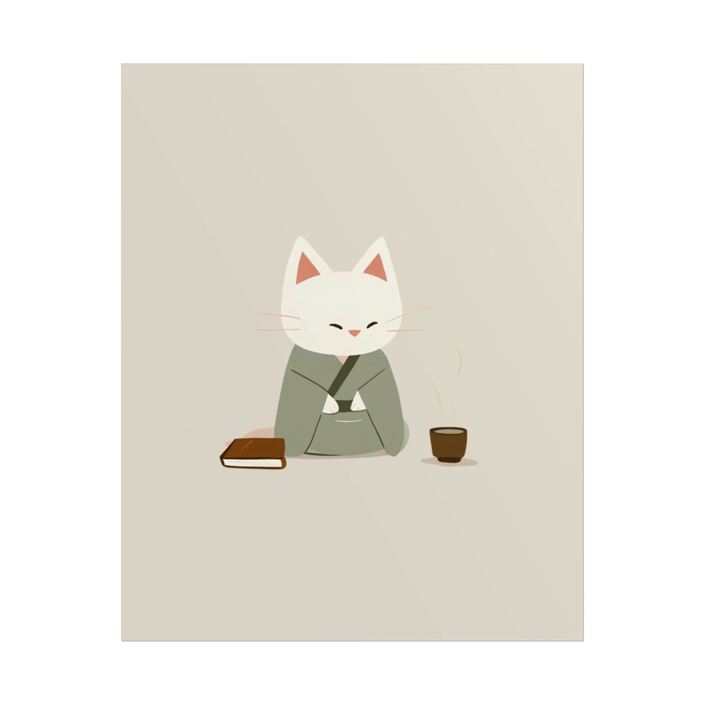 Zen Cat Poster – Minimalist Japanese Tea & Book Wall Art