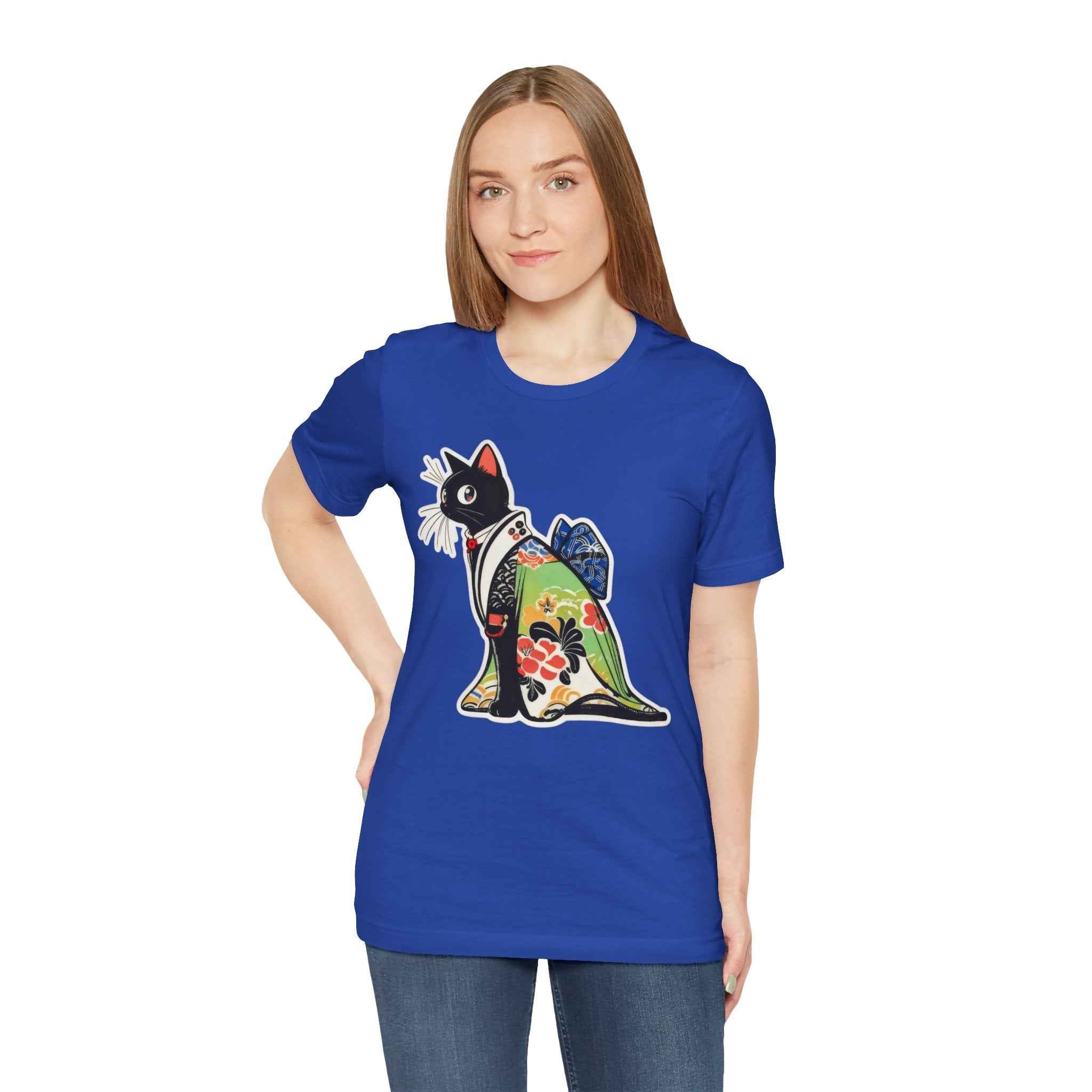 Cat Kimono T‑Shirt — Japanese Floral Black Cat Graphic Tee