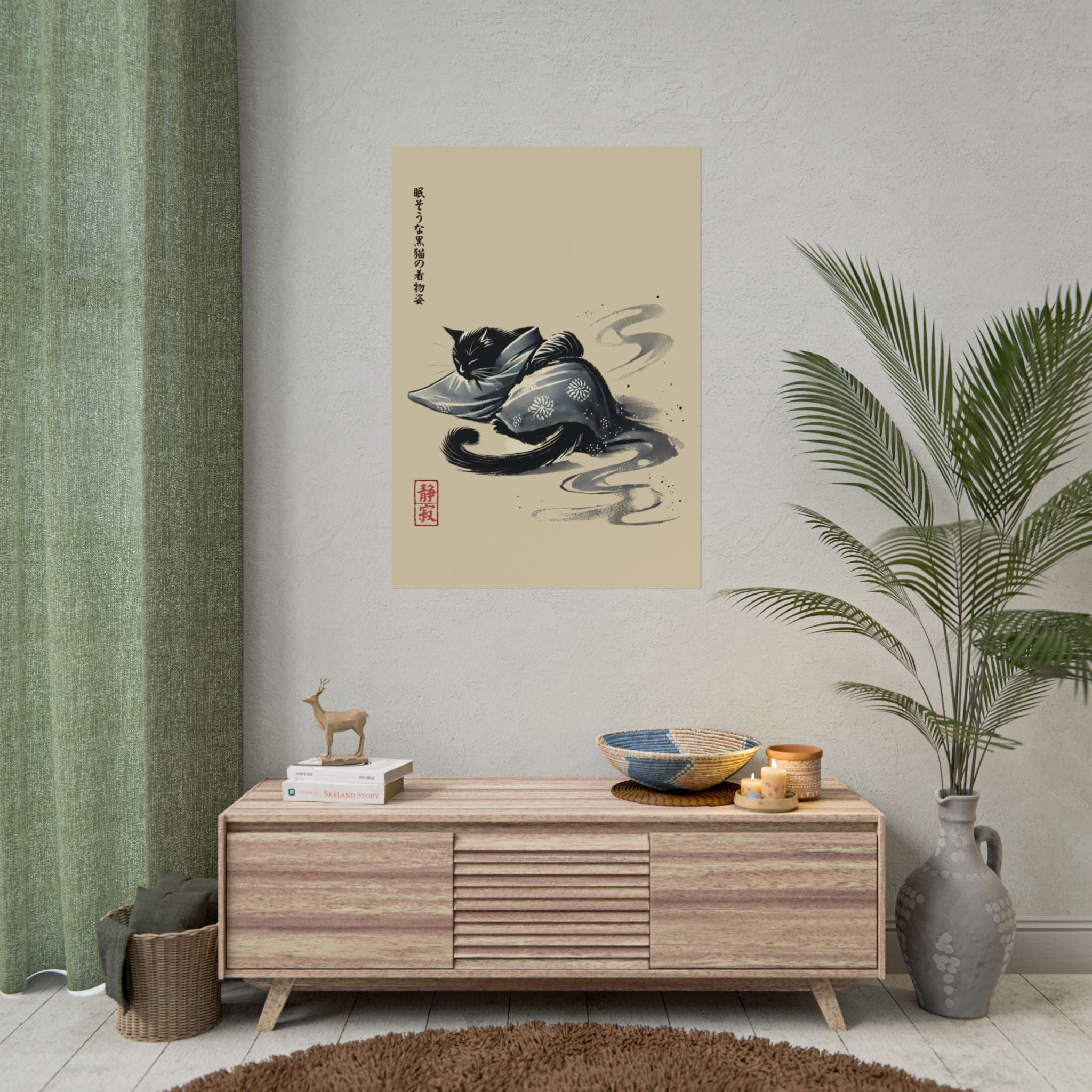Sleeping Black Cat in Kimono – Sumi-e Zen Art Print