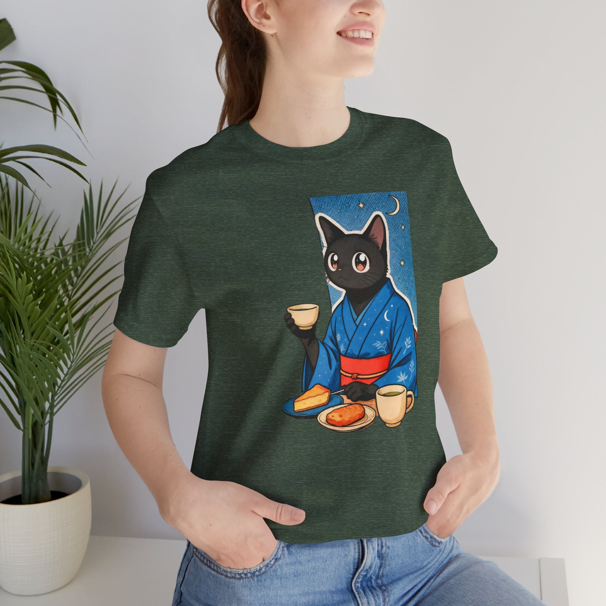 Midnight Tea Cat Shirt - Japanese Kimono Black Cat Tee | Cozy Night Aesthetic