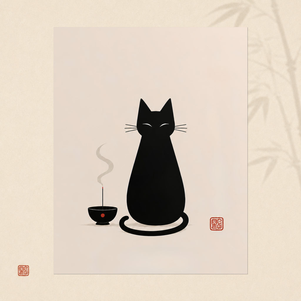 Rolled Poster — Minimal Black Cat & Tea Illustration