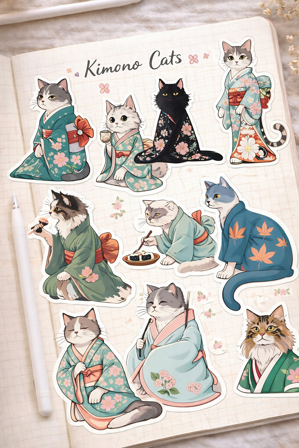49 Bundle of Kimono Cat Stickers, Japanese Kawaii Clipart, Digital Planner PNG (Digital Download)