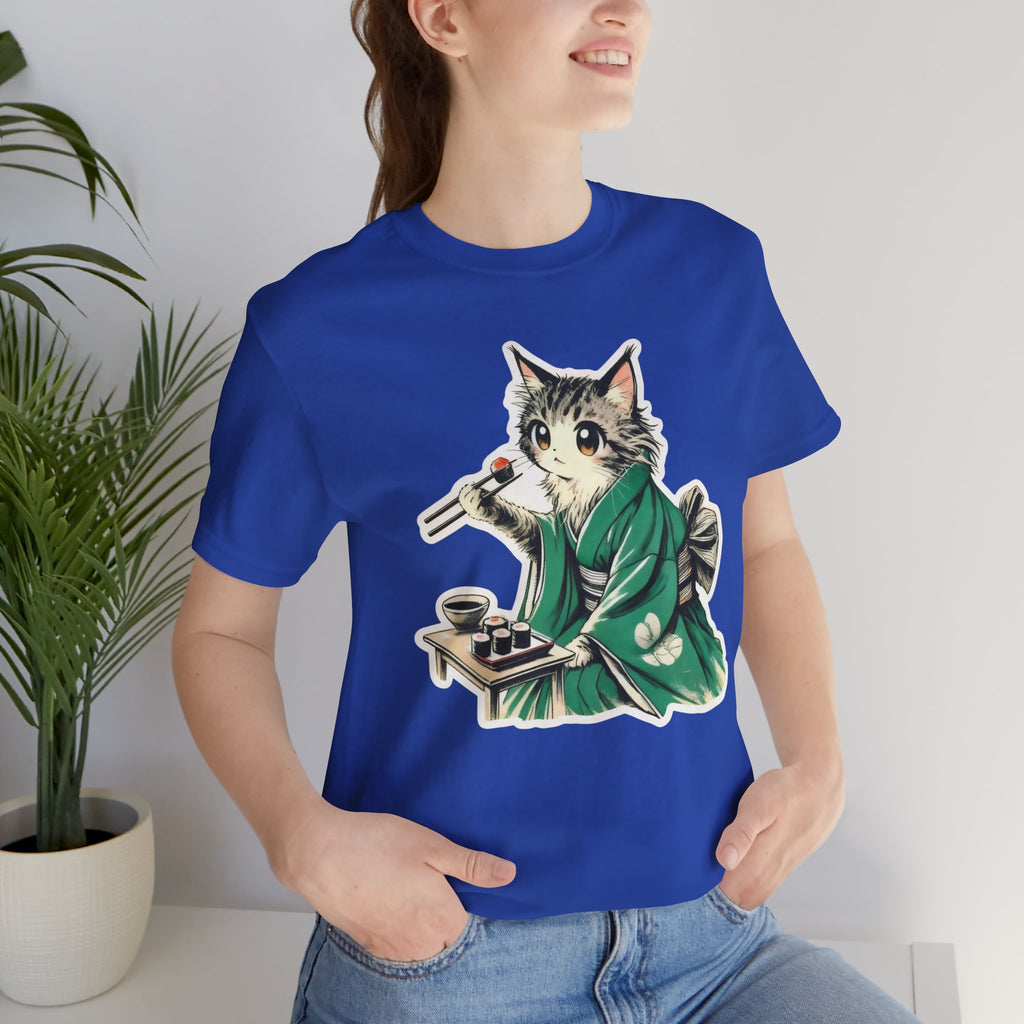 Kat Wearing Kimono Eating Sushi T-Shirt | Cute Japanese Cat Illustration