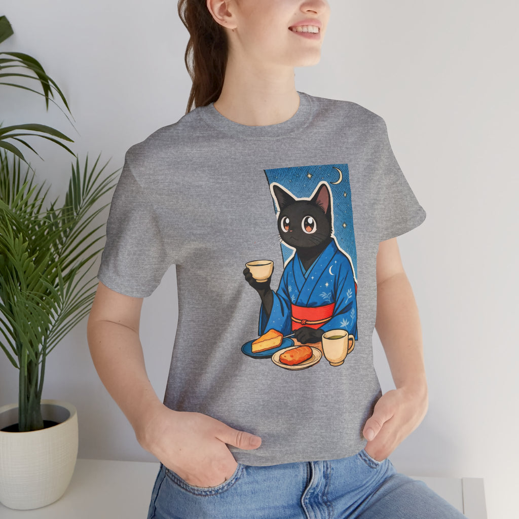 Midnight Tea Cat Shirt - Japanese Kimono Black Cat Tee | Cozy Night Aesthetic