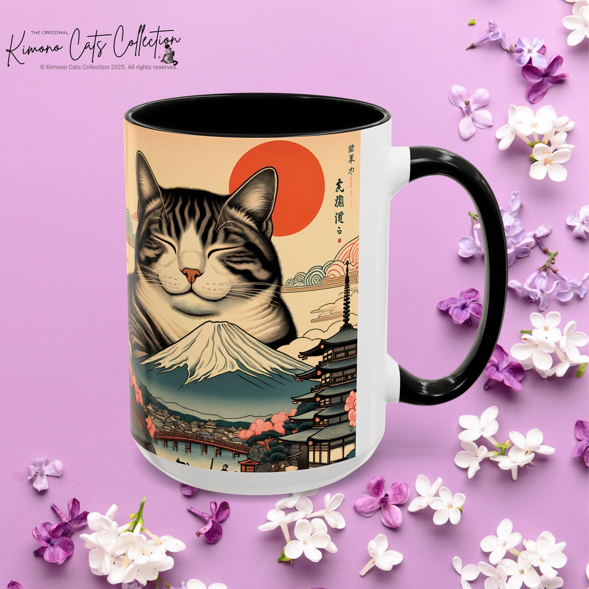 Japanese Fuji Cat Mug - Ukiyo-e Style Gift for Cat Lovers, Pet Mom Coffee Cup, Sleepy Neko Art Design