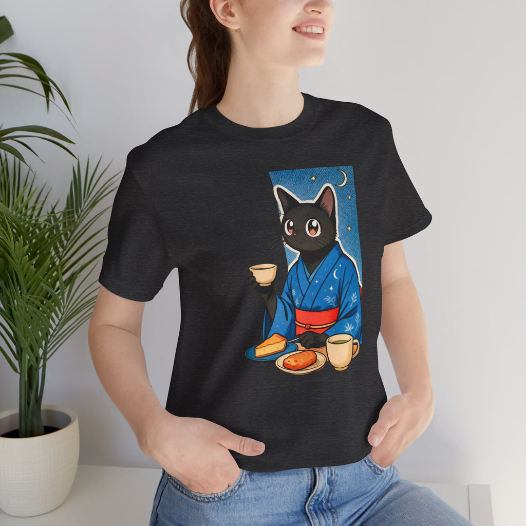 Midnight Tea Cat Shirt - Japanese Kimono Black Cat Tee | Cozy Night Aesthetic