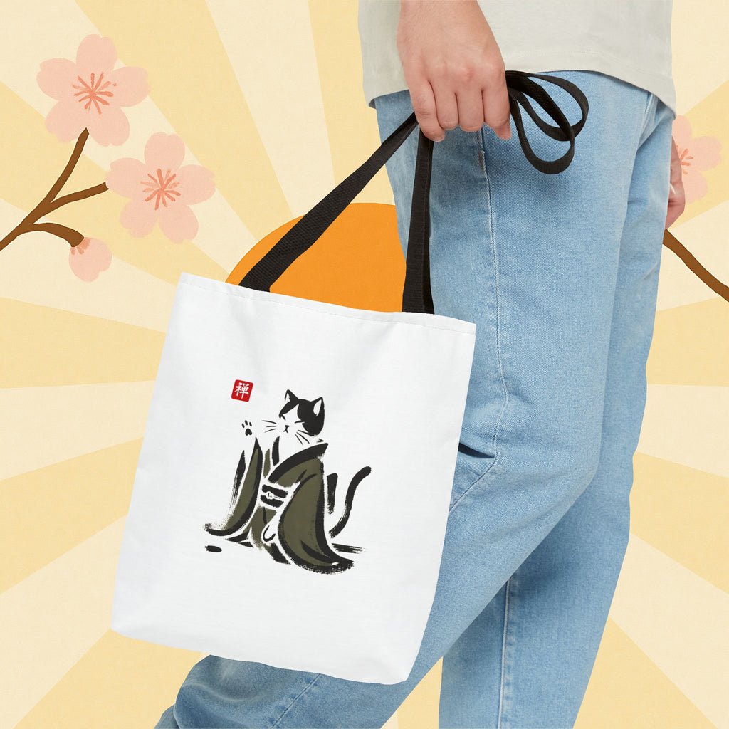 Zen Cat Tote Bag — Japanese Sumi-e Style Cat Illustration