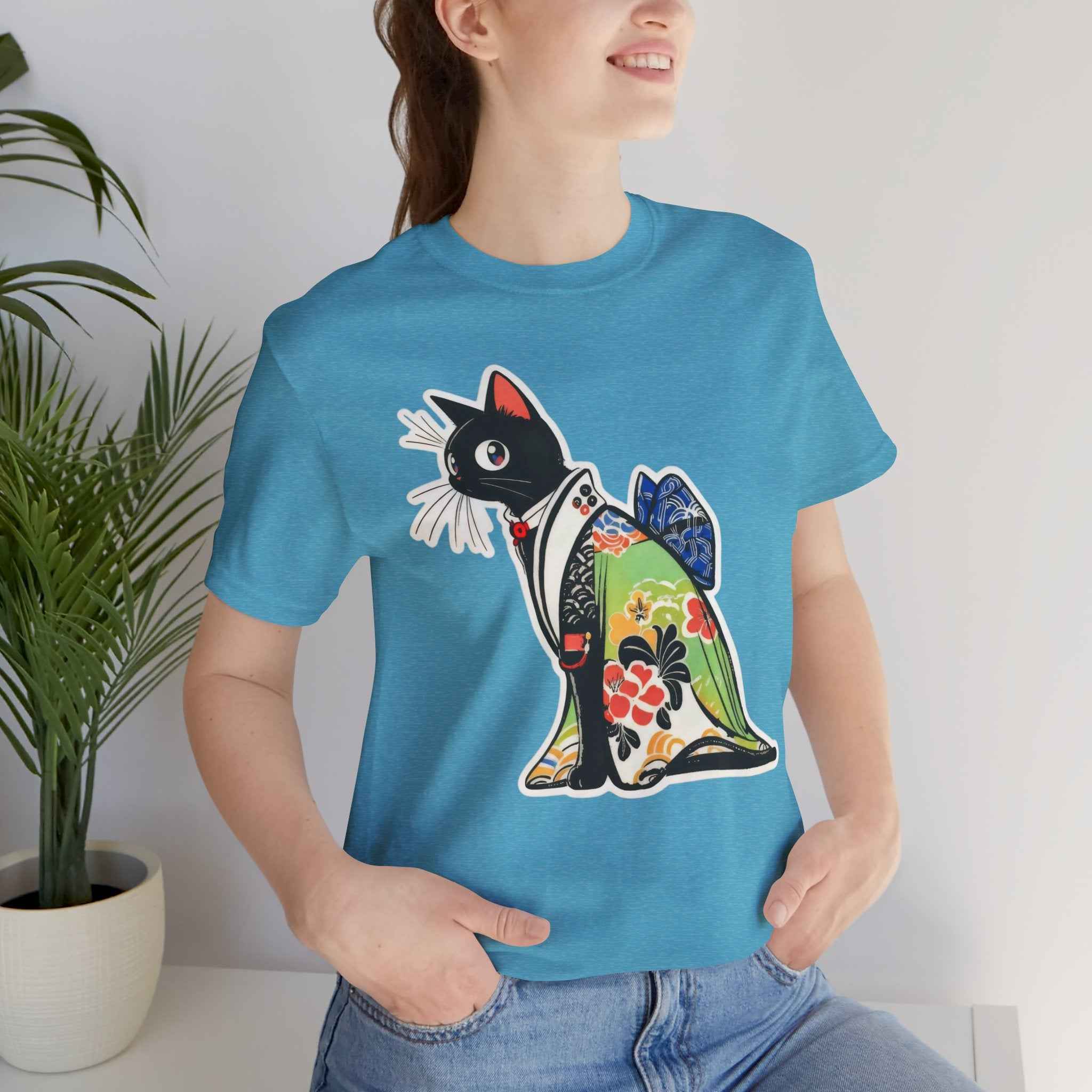 Cat Kimono T‑Shirt — Japanese Floral Black Cat Graphic Tee