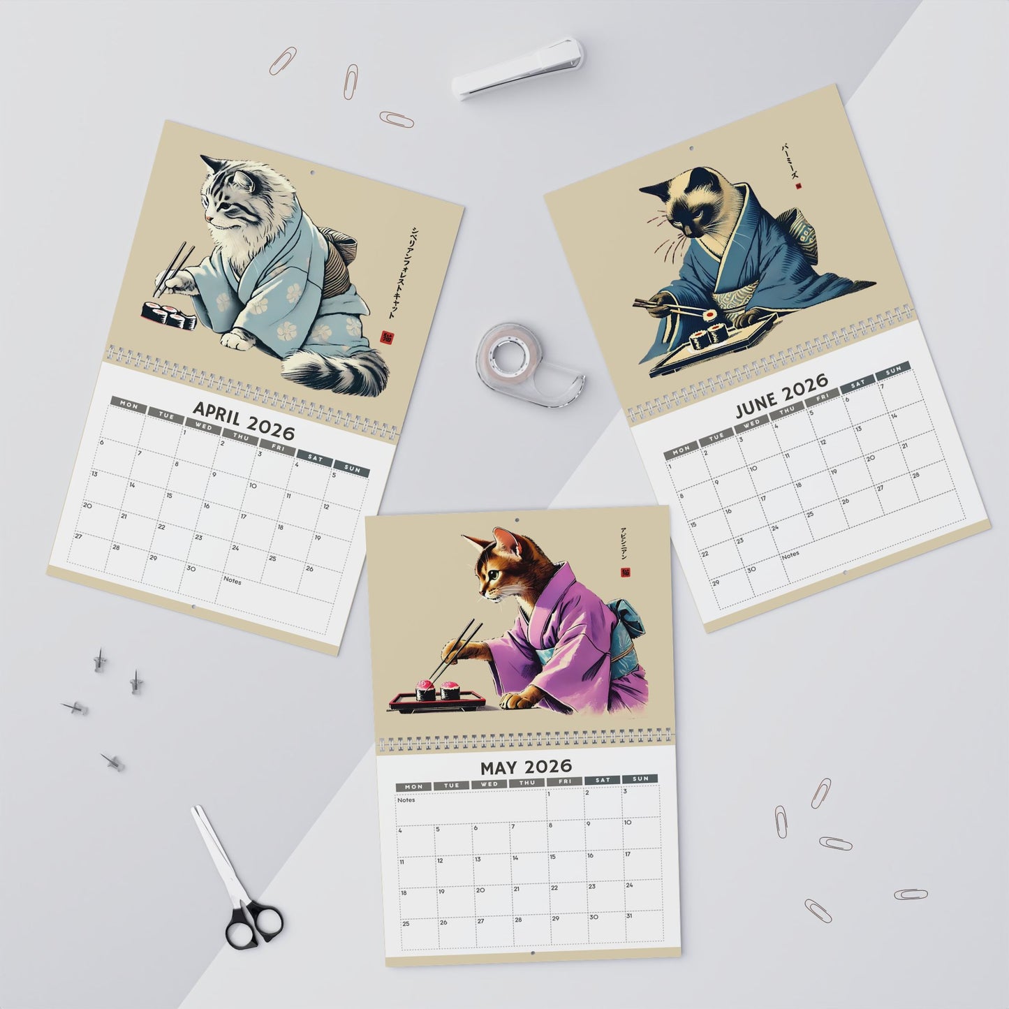 2026 Cats in Kimonos Eating Sushi Calendar - Japan Cat Sumi-e Art, Ukiyo-e Inspired, Vibrant Monthly Wall Decor