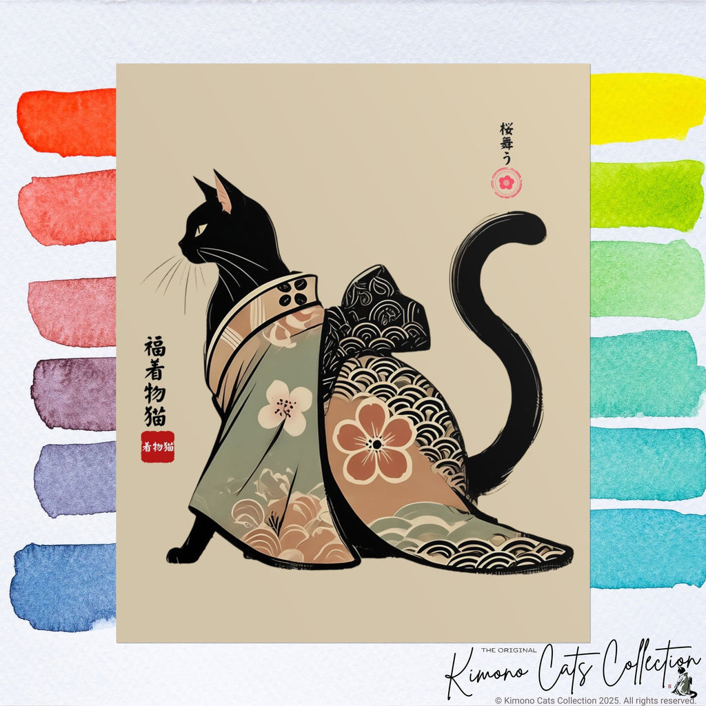 Lucky Kimono Cat Wall Art – 福着物猫 | Japanese Sumi-e Print