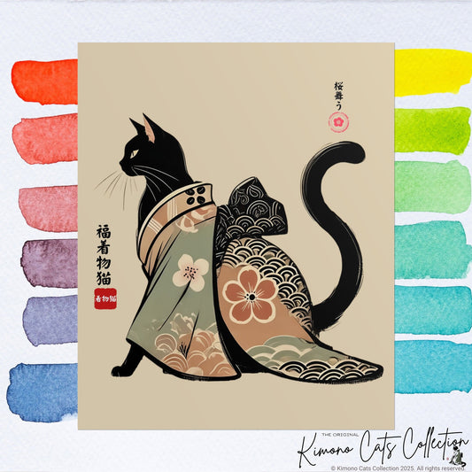 Lucky Kimono Cat Wall Art – 福着物猫 | Japanischer Sumi-e-Druck