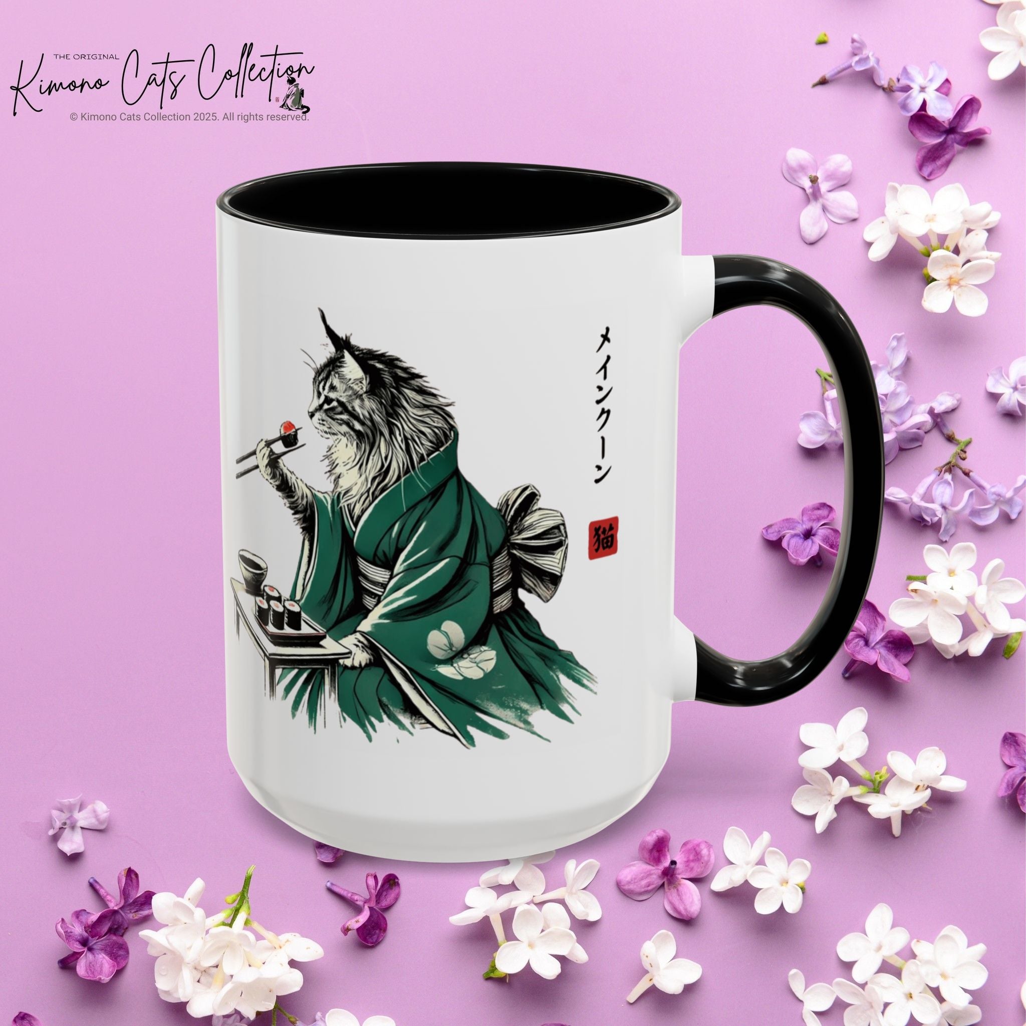 Kimono Cat Coffee Mug, Maine Coon Eating Sushi
